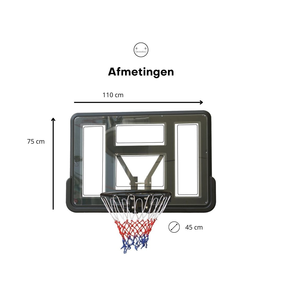 Basketball hoop with dimensions, black frame, white net with red and blue stripes, white background.