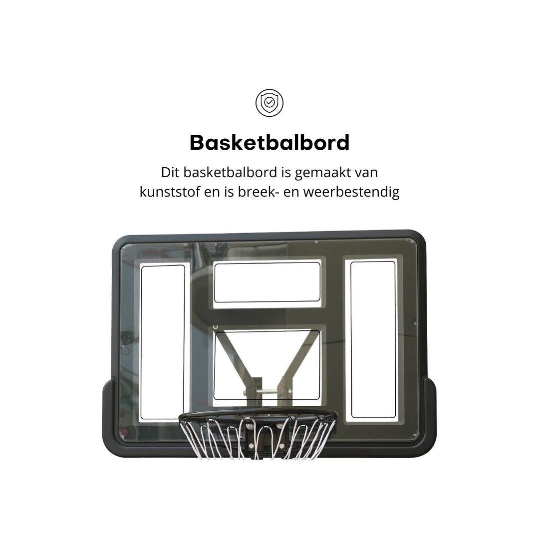 Basketball backboard with a white rectangle design and a net on a white background.