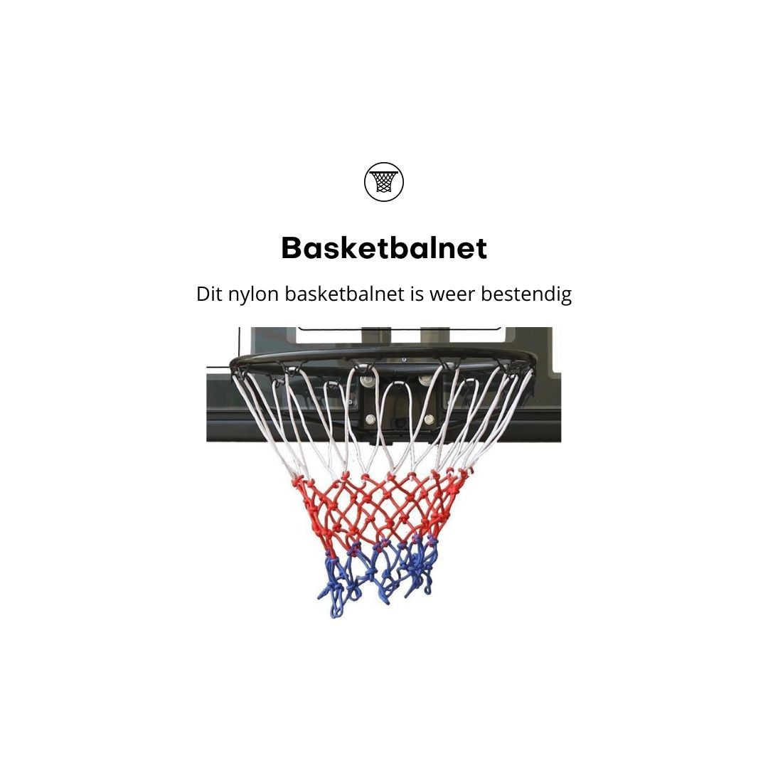Close-up of a basketball net. The net is red, white, and blue, and attached to a black board.