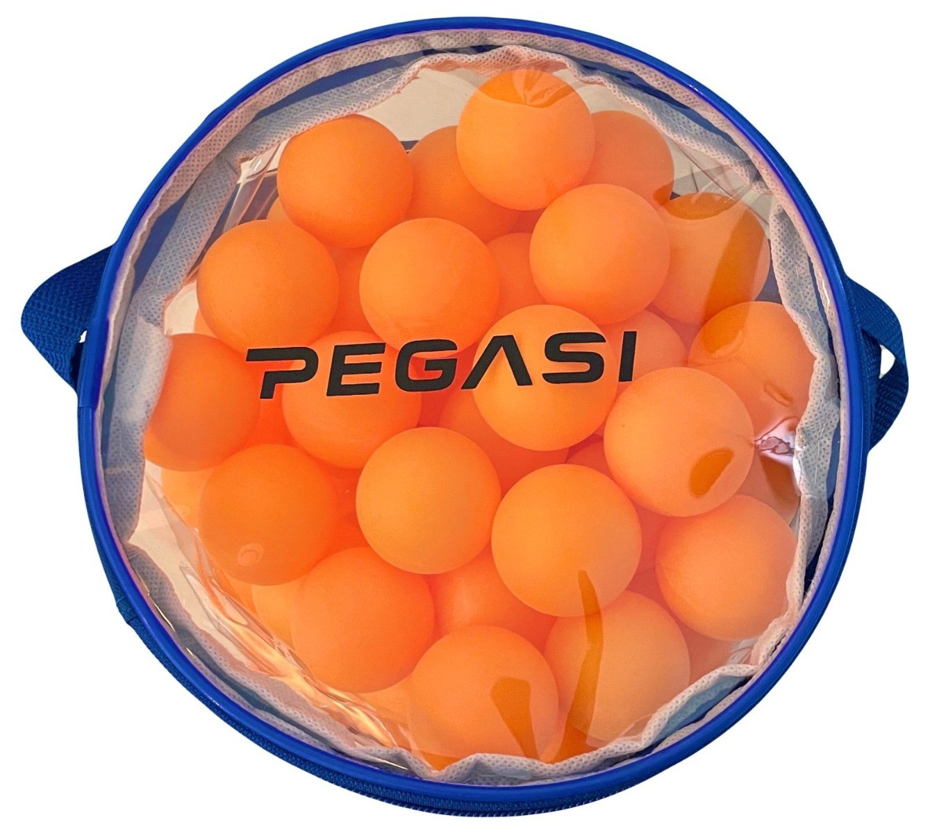 A blue bag filled with many orange ping pong balls. The balls are in a transparent, round container.