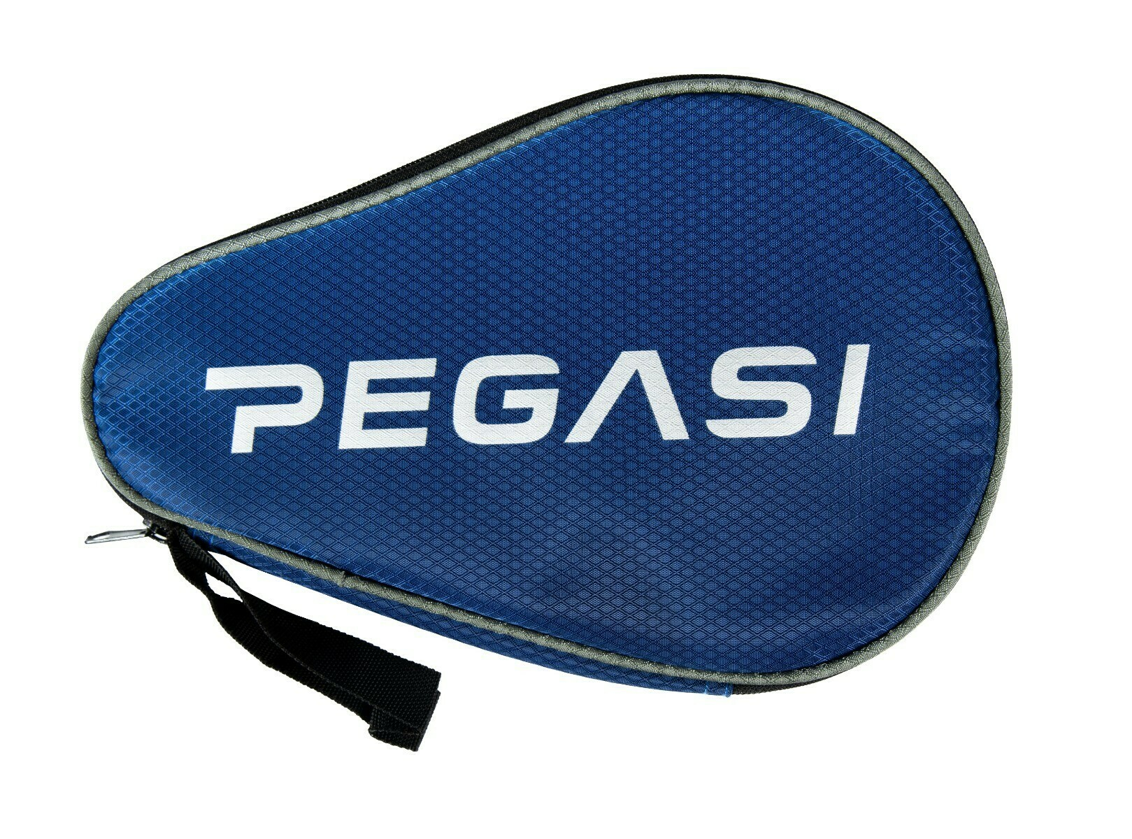 Blue ping pong paddle case with white 'PEGASI' text. Black handle.