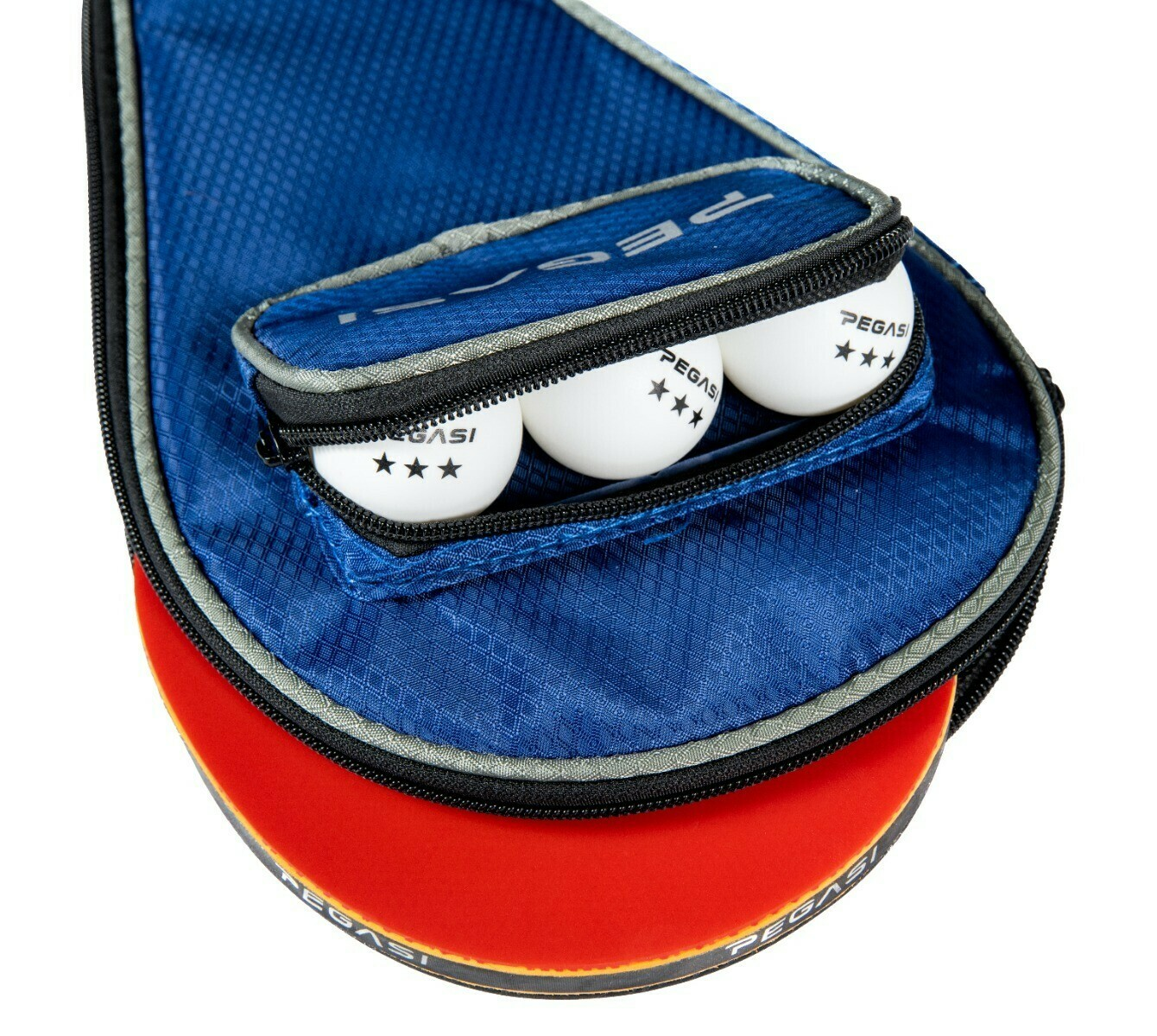 Blue ping pong paddle case. Three white ping pong balls in a zippered pocket. Red paddle visible.