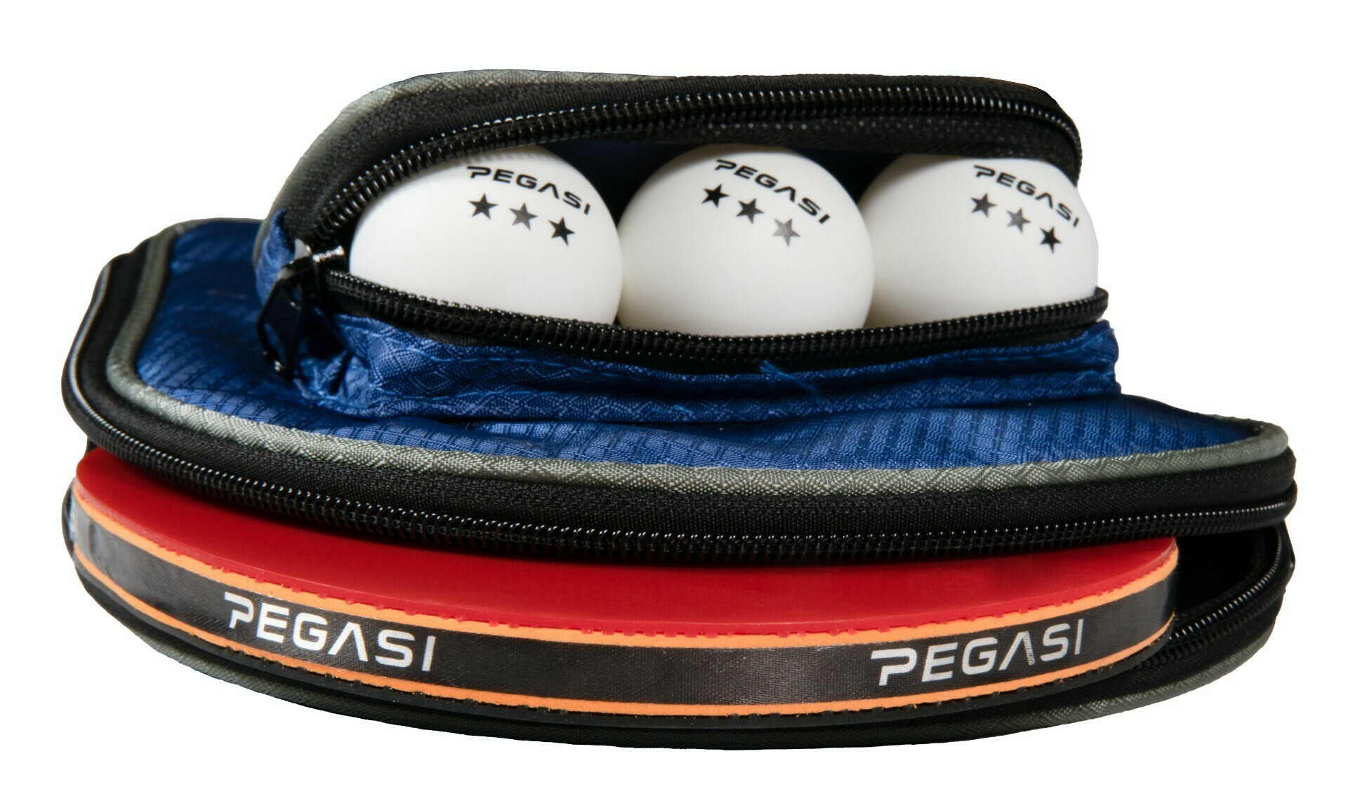 White ping pong balls in a blue case with a red and black paddle. White background.