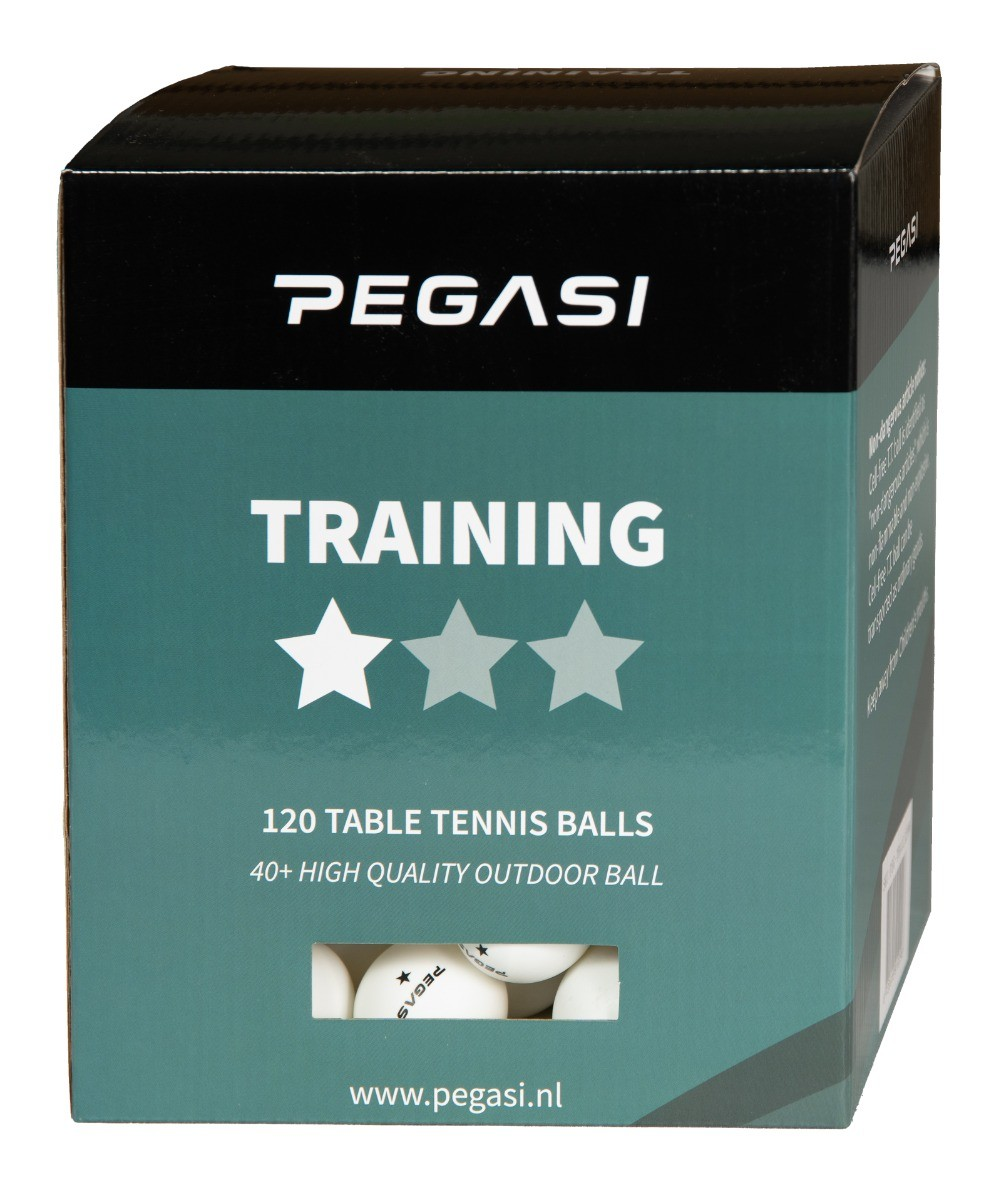 A box of table tennis balls, labeled 'TRAINING' with three stars and the brand 'PEGASI'.