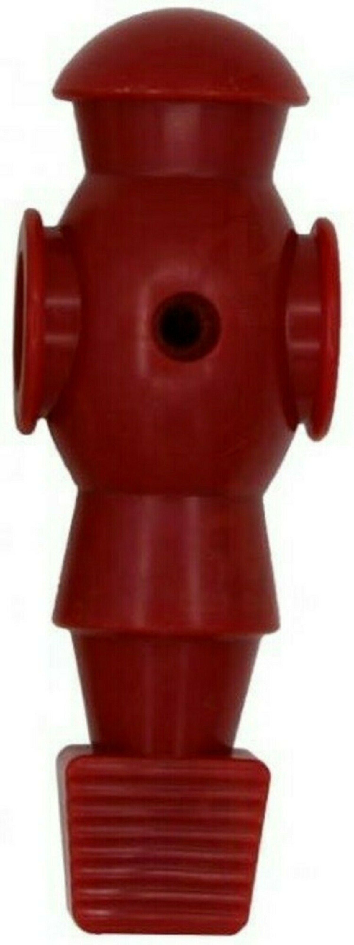 Een rode tafelvoetbalspeler-figuur, rechtopstaand. Het heeft een cilindrisch lichaam met benen en armen.