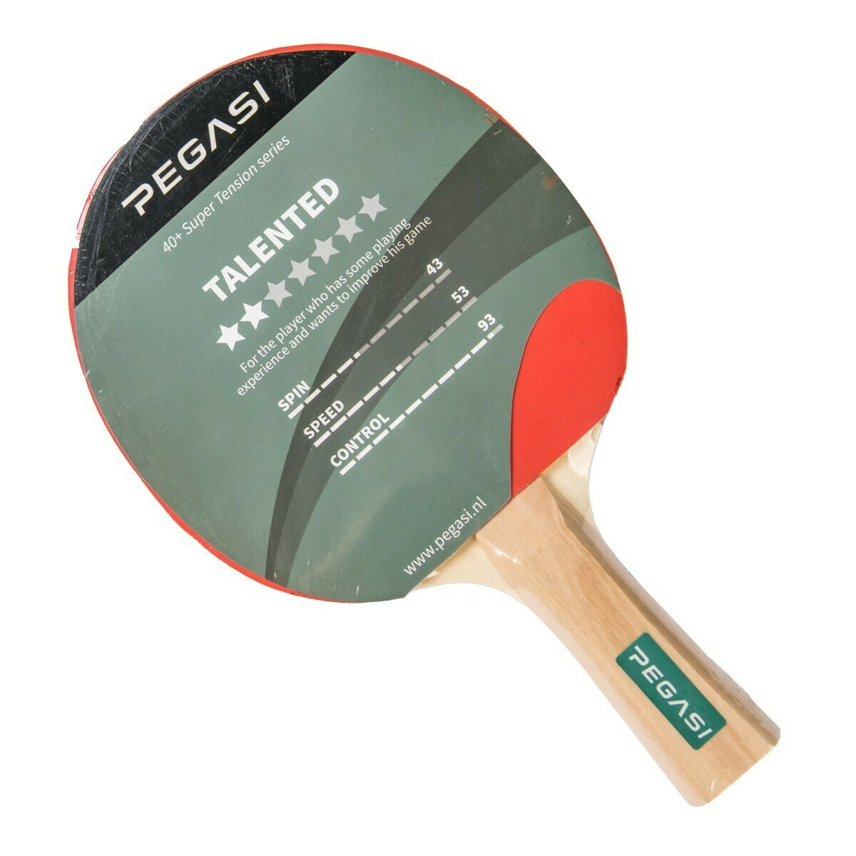 Table tennis racket with a green and red surface, and a wooden handle.
