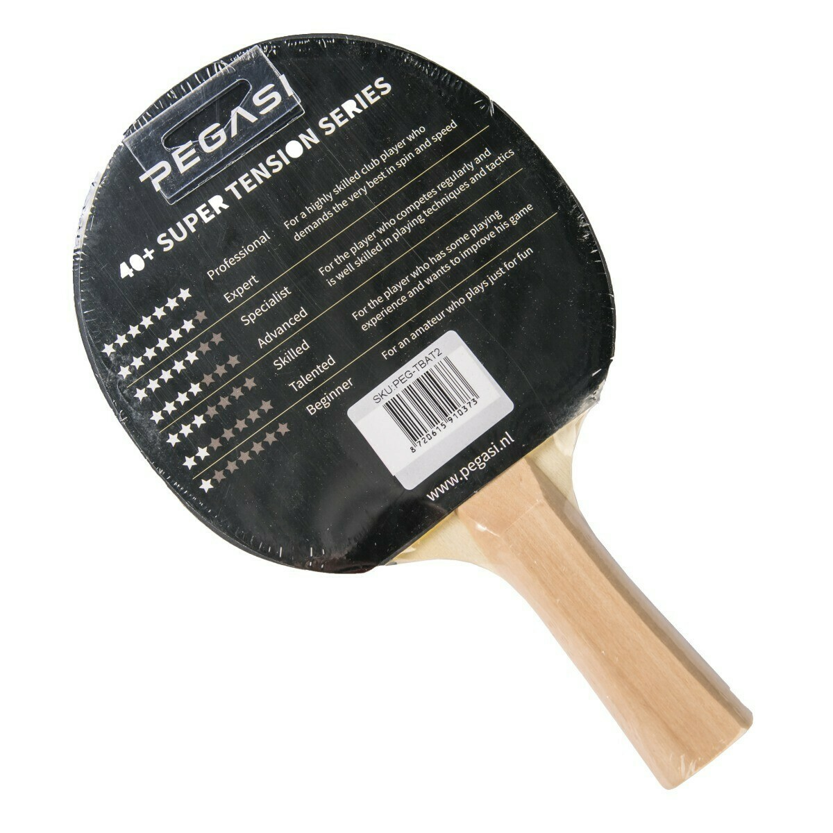 Ping pong paddle in plastic wrap with text. White background, top view.