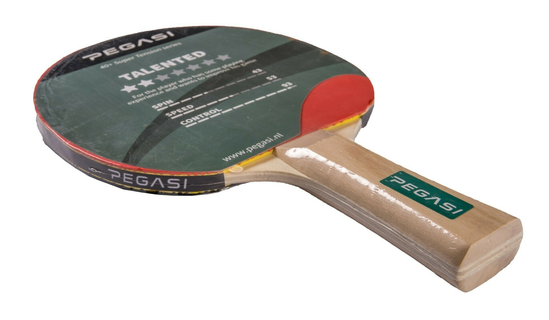 Ping pong paddle with green and red details, wooden handle, white background.