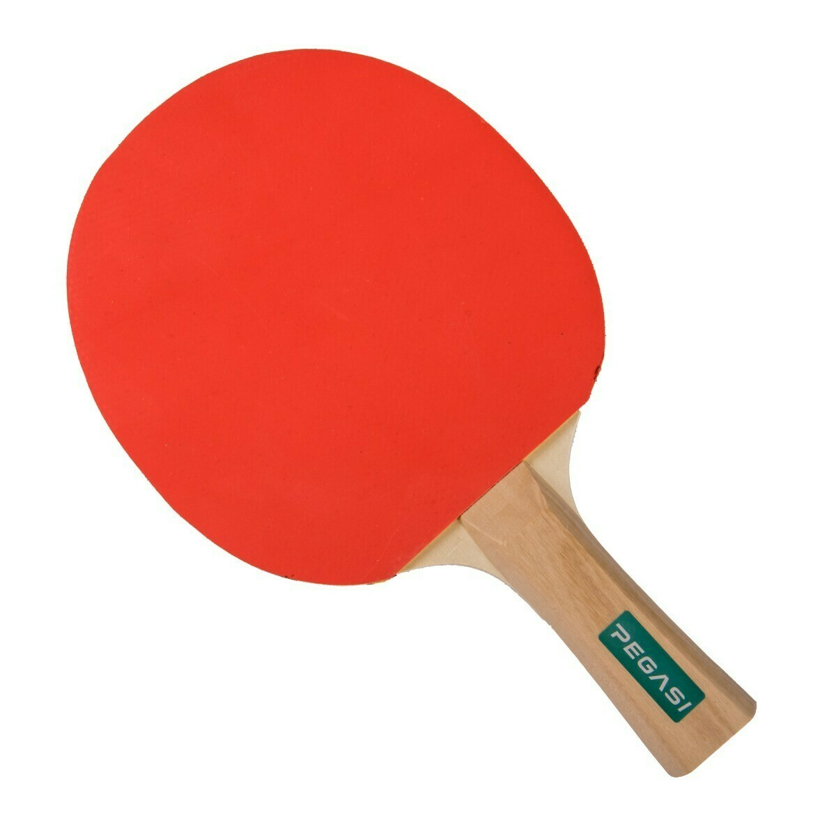 Red ping pong paddle with a wooden handle, isolated on white.