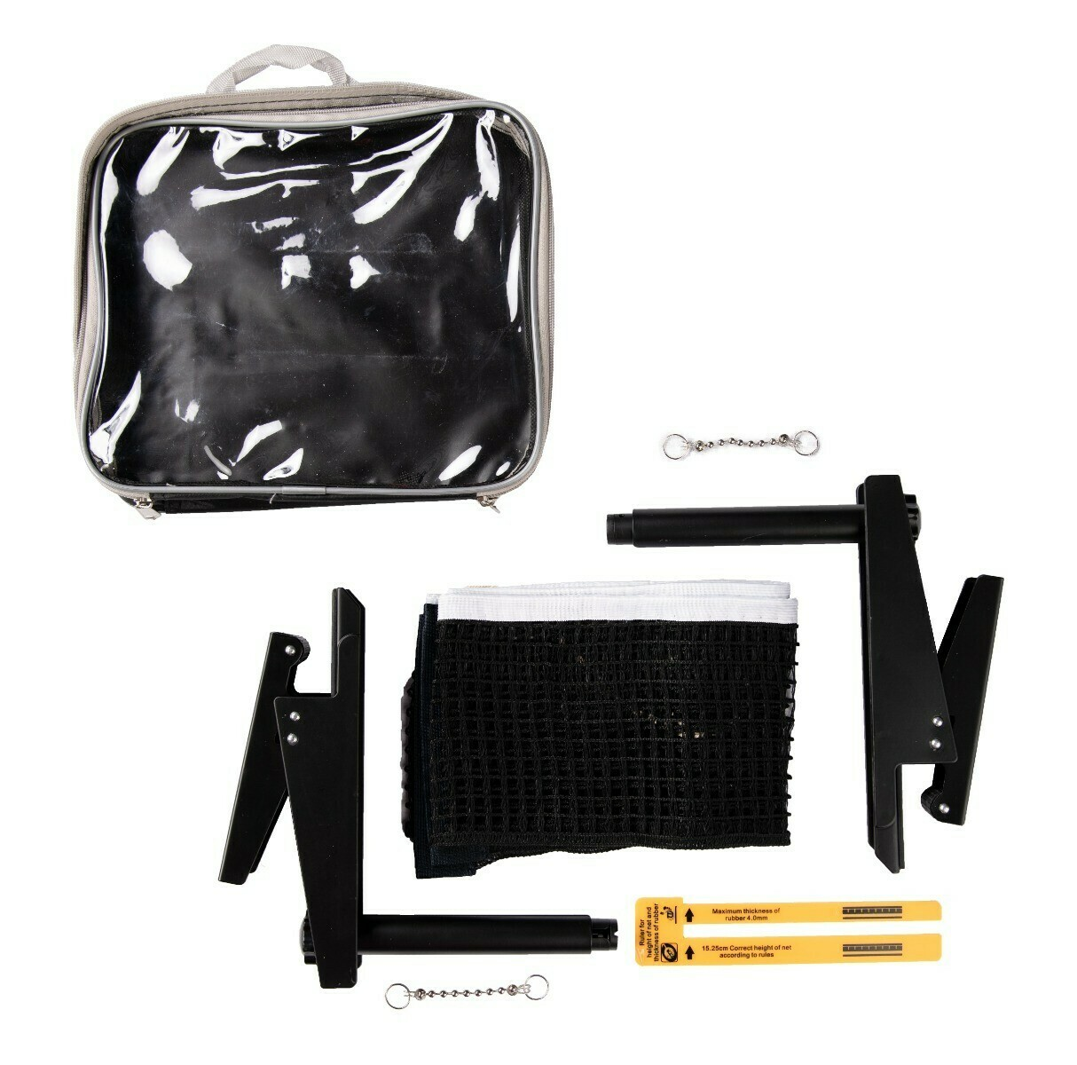 Table tennis net set with accessories, inside a transparent bag. White background.