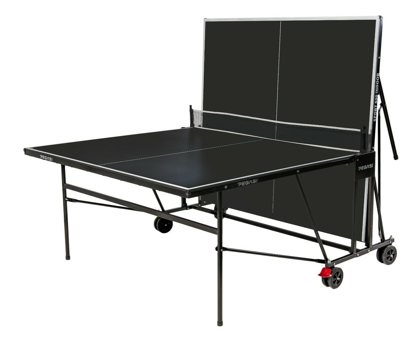 Black table tennis table, folded with a net and wheels.