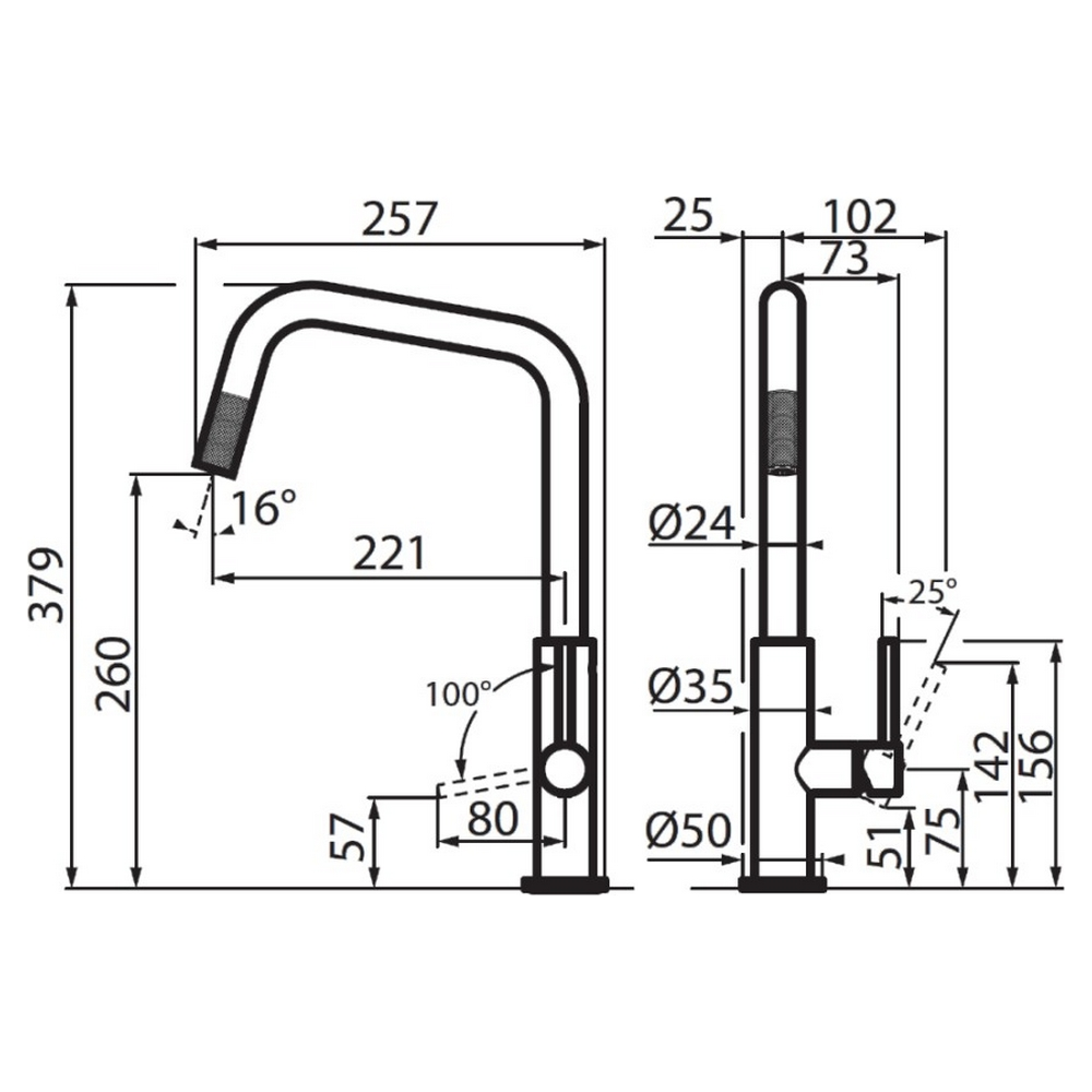 Disegno tecnico di un rubinetto da cucina, con dimensioni e angoli in nero su sfondo bianco.