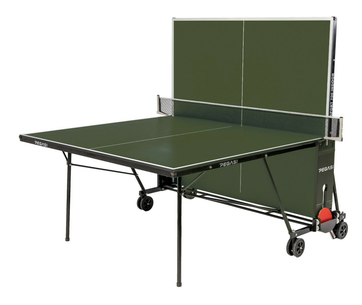 Green ping pong table with a black frame, net, and wheels. The word PEGASi is written on it.