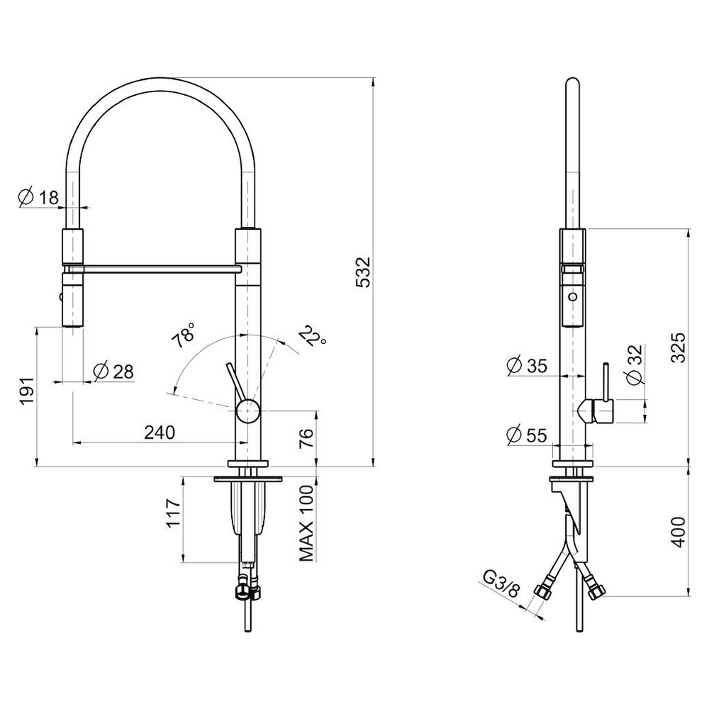Un disegno tecnico di un rubinetto da cucina con dimensioni e misure.