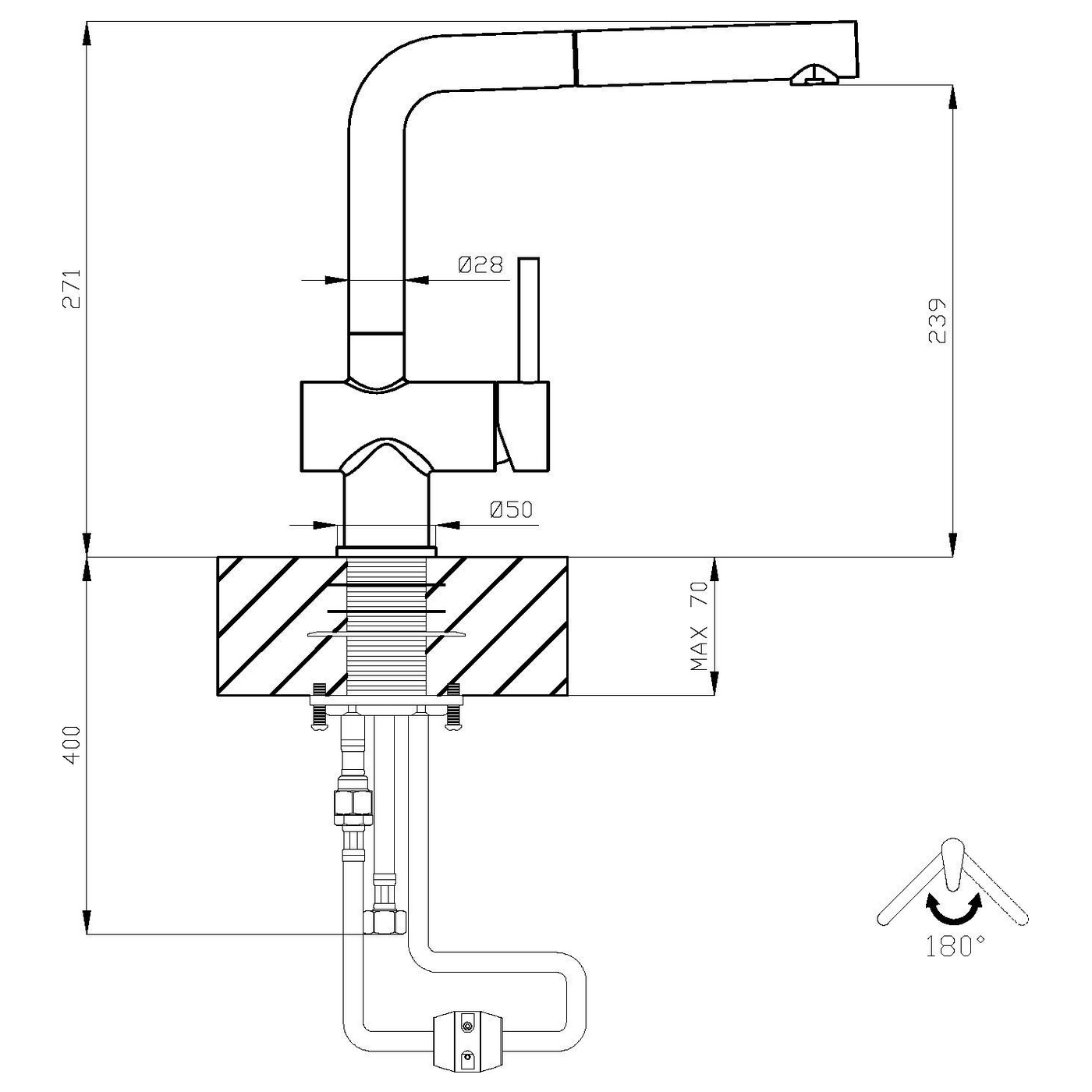 Disegno tecnico di un rubinetto da cucina. Dimensioni e collegamenti mostrati.