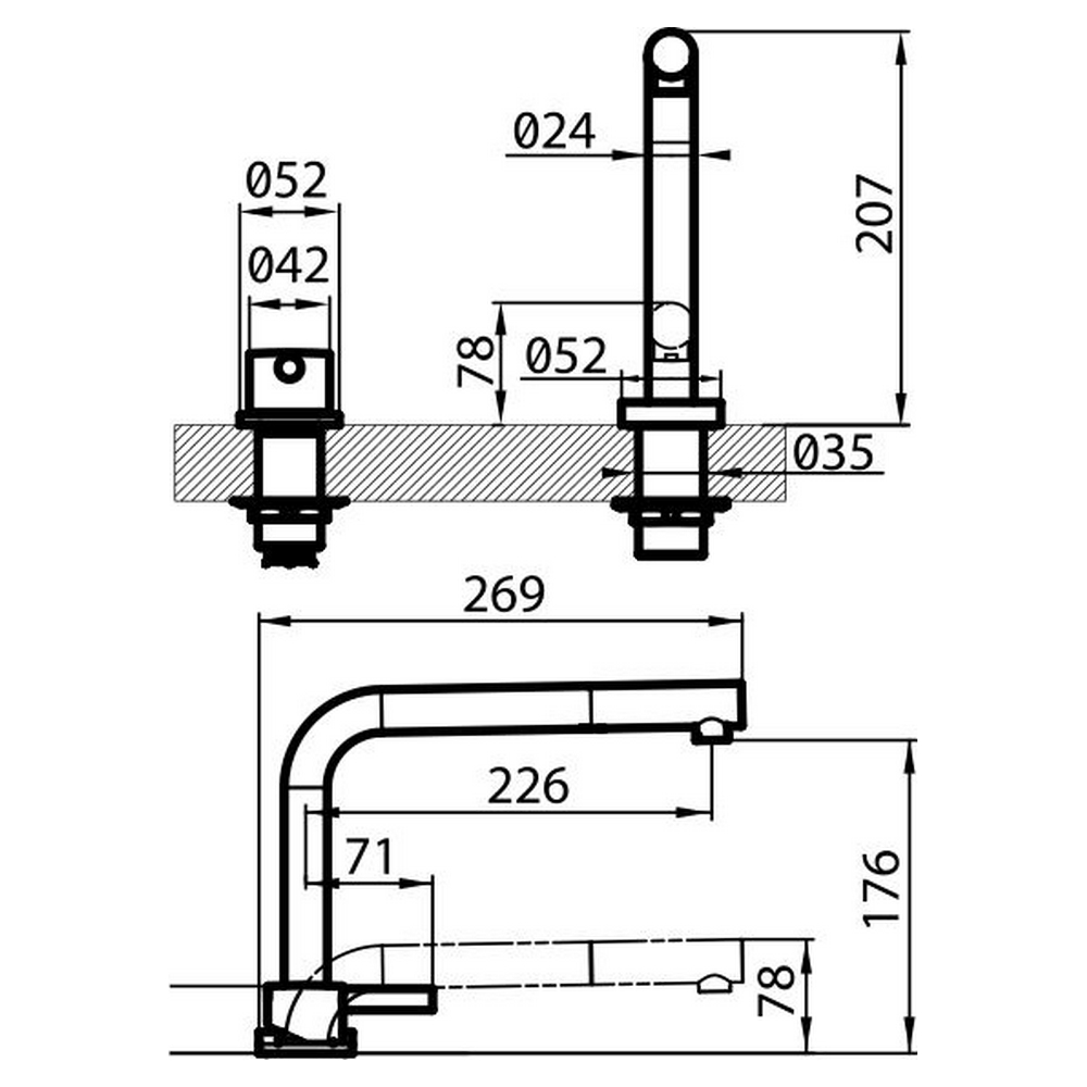 Disegno tecnico di un rubinetto da cucina con dimensioni in nero su sfondo bianco.
