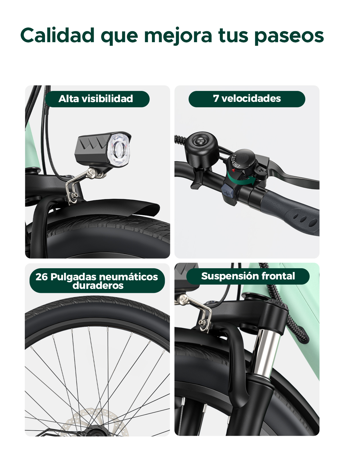Primer plano de partes de bicicleta: faro, engranajes, rueda y suspensión delantera.