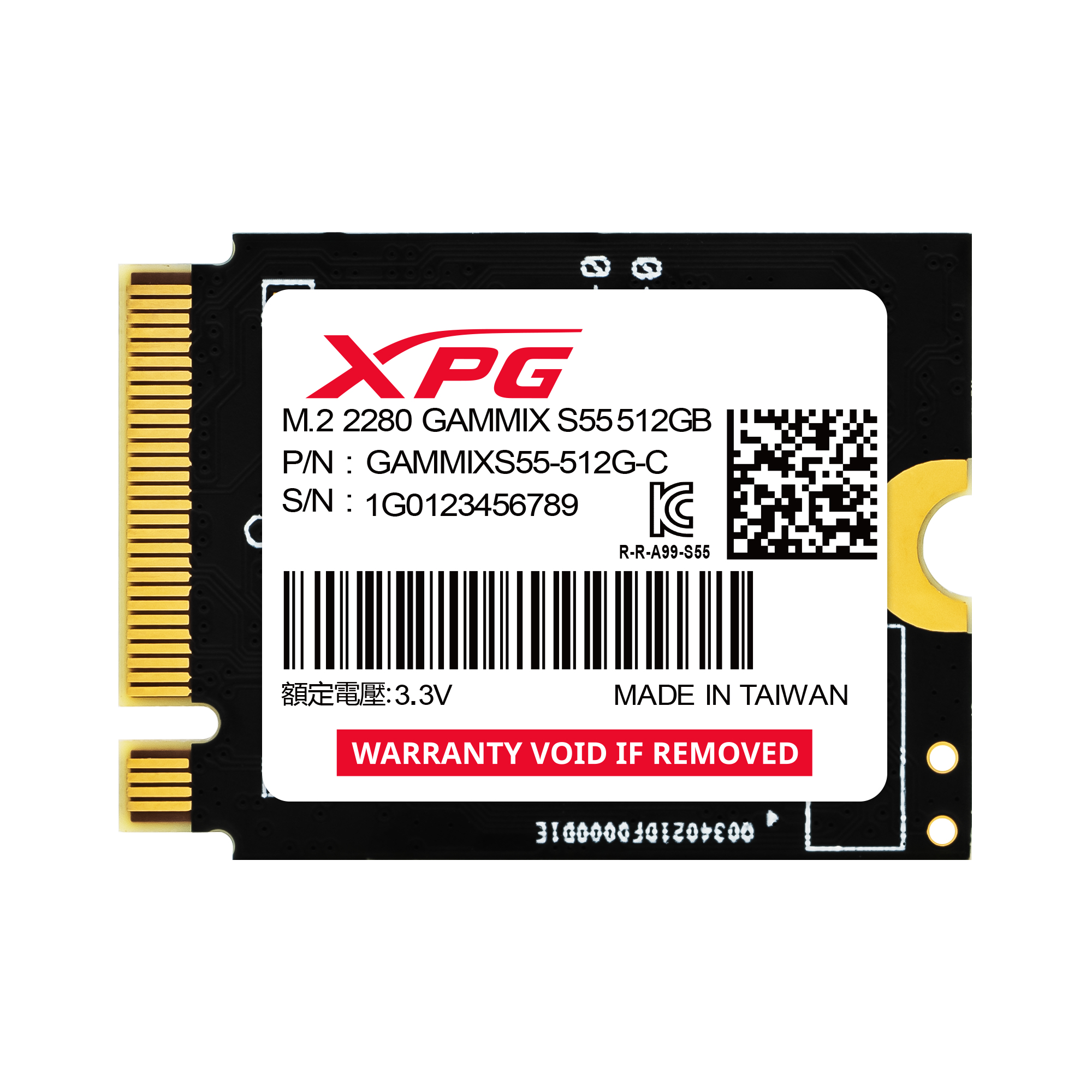 Czarny dysk SSD XPG. Tekst: XPG GAMMIX S55 512GB. Złote złącze po prawej stronie.