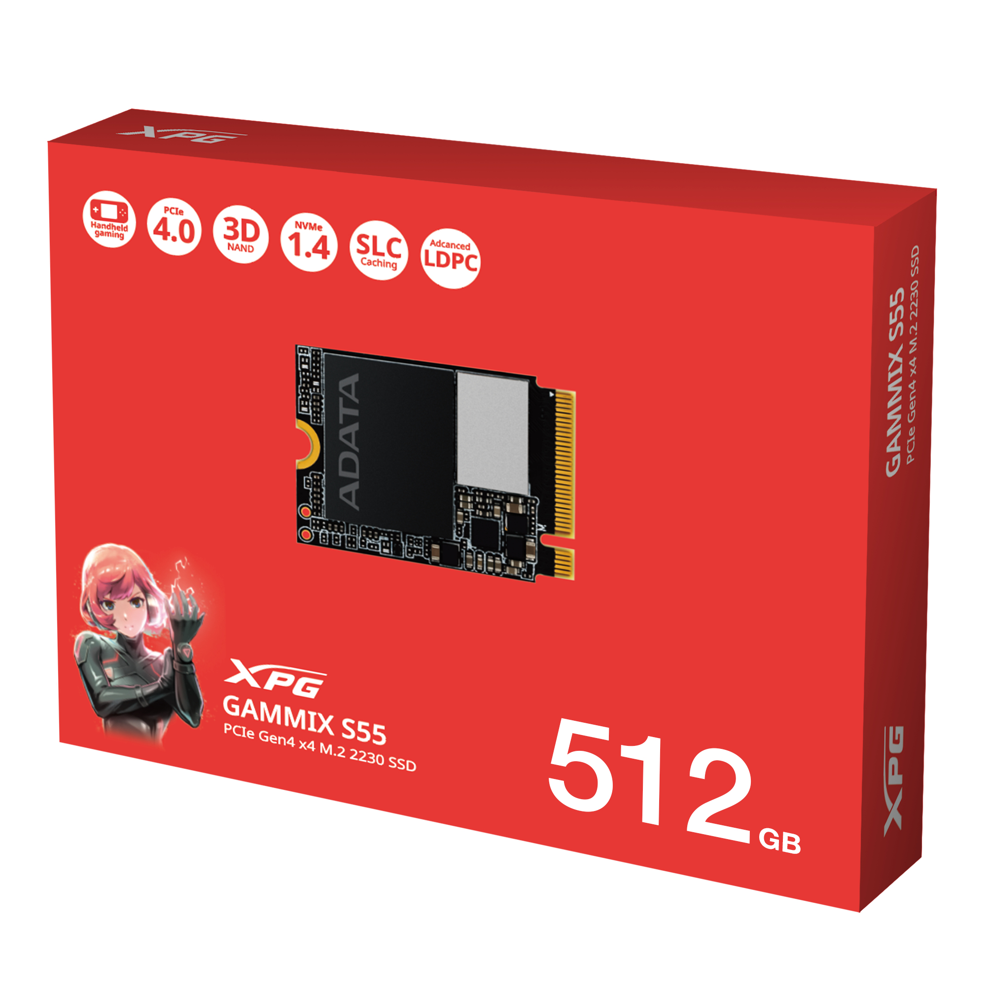Czerwone pudełko z dyskiem ADATA XPG GAMMIX S55, nazwą produktu i tekstem 512 GB.
