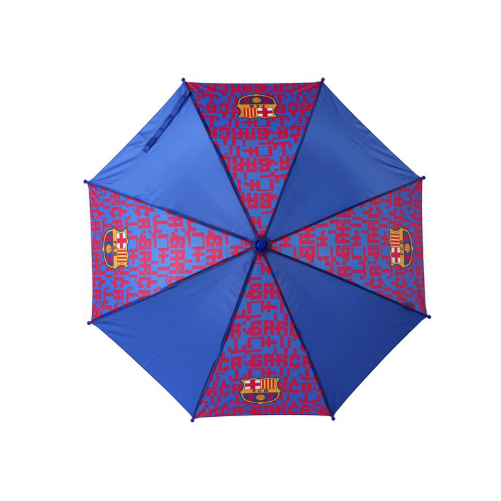 Paraguas azul con patrones rojos y azules. Logotipo del FC Barcelona en diferentes lugares.