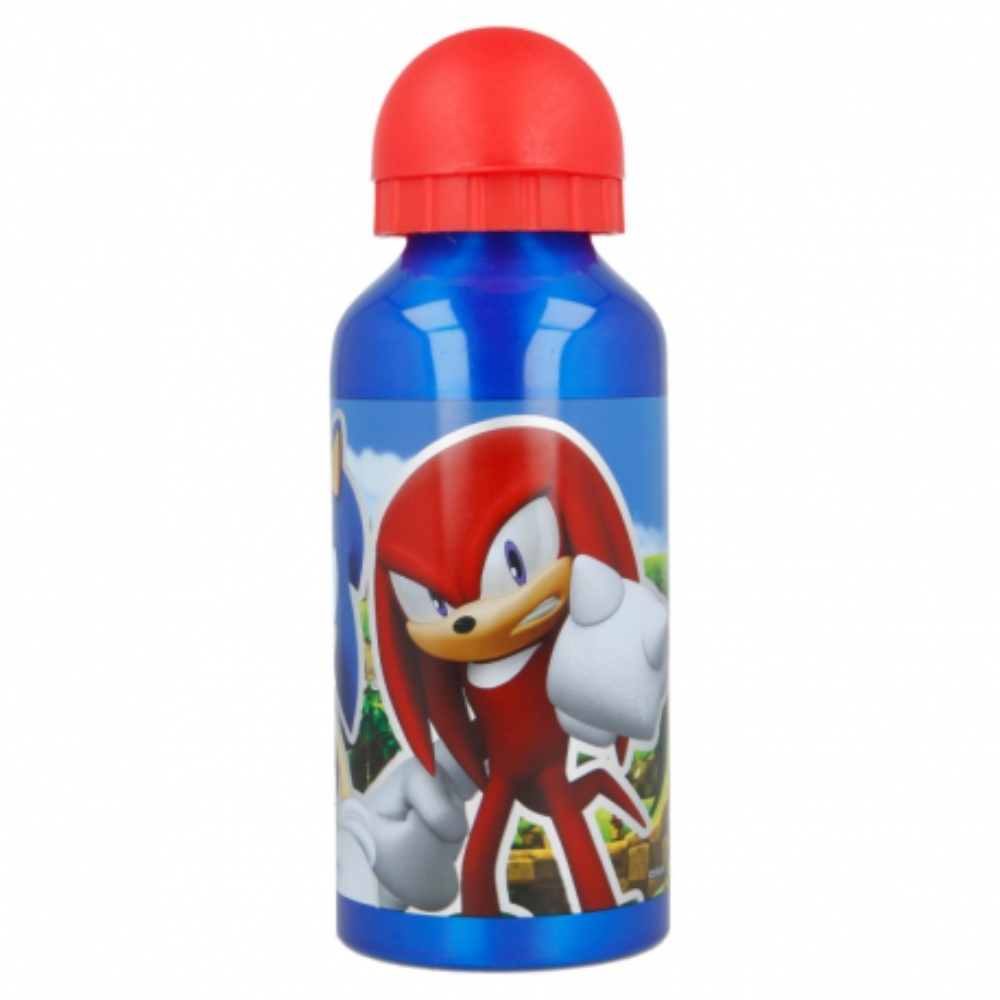 Botella de agua Sonic azul con tapa roja y gráficos de Sonic y Knuckles.
