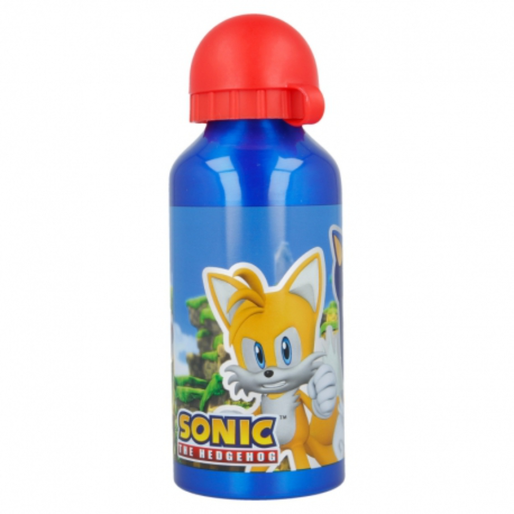 Botella de agua azul de Sonic the Hedgehog. Dibujo de Tails. Tapa roja. Fondo blanco.