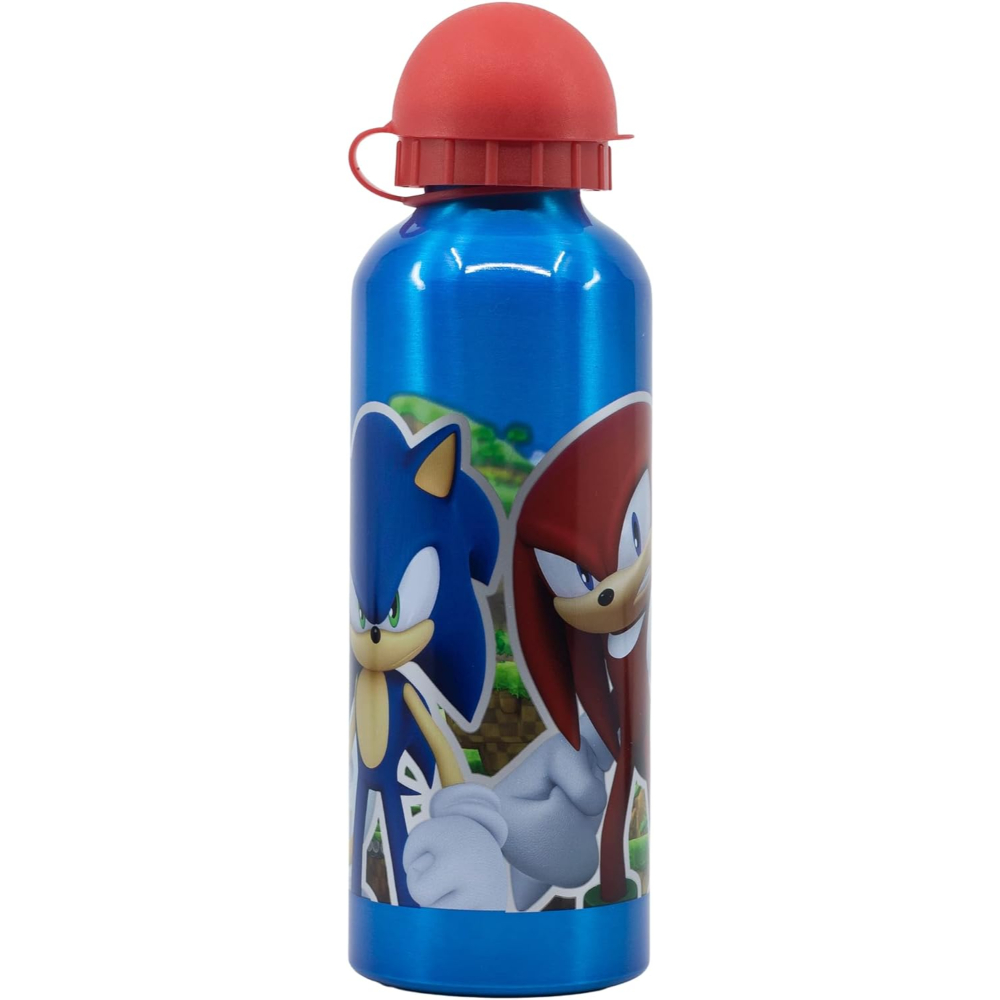 Botella de agua azul con gráficos de Sonic y Knuckles, tapa roja. Fondo verde y marrón visible.