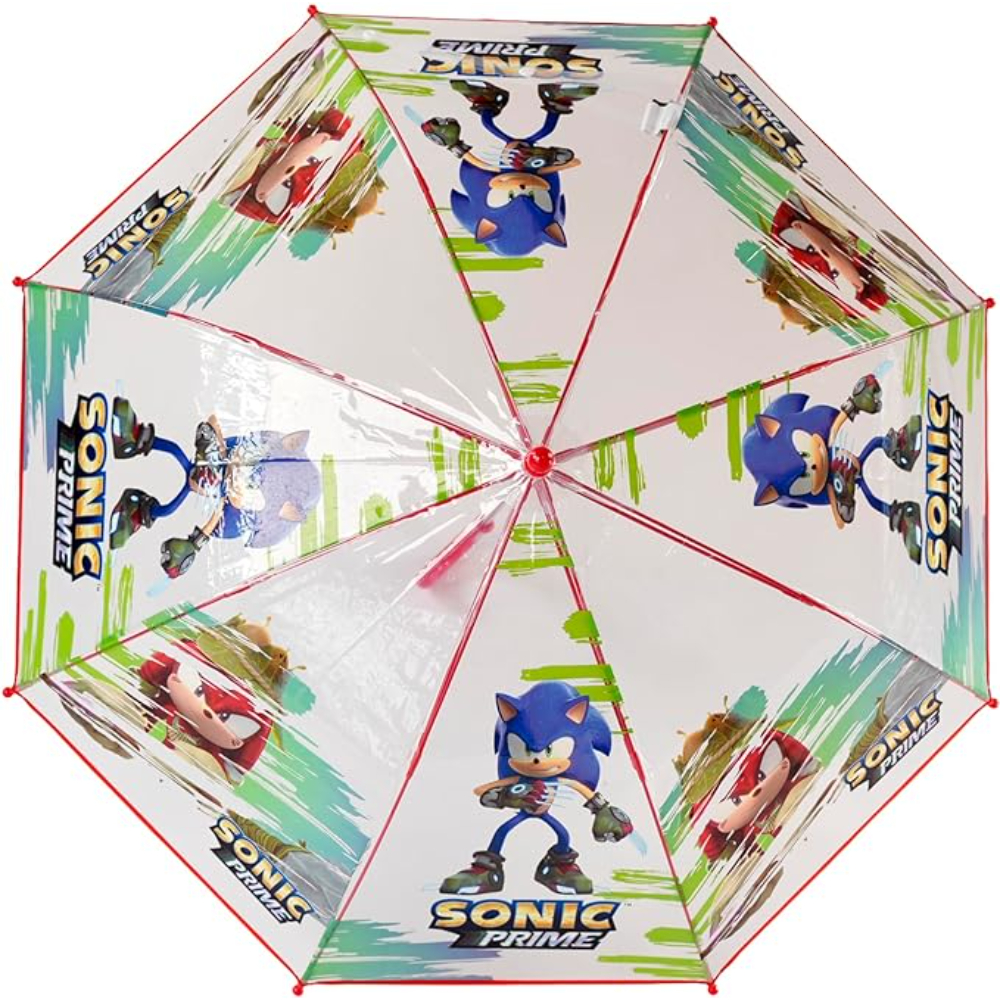 Paraguas con el diseño Sonic Prime. El paraguas está abierto y tiene acentos rojos y verdes.
