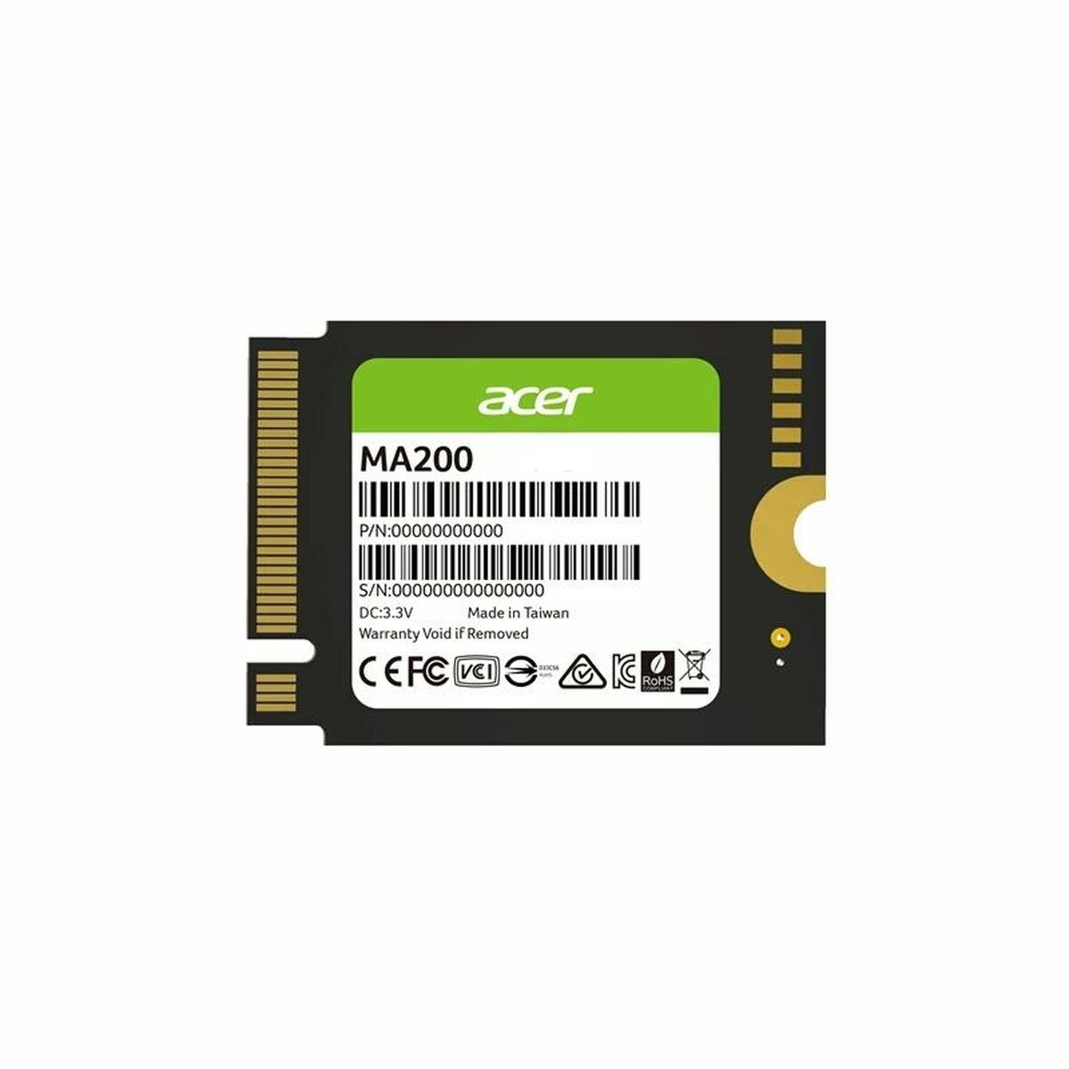 Dysk SSD Acer MA200. Czarna płytka PCB z zieloną etykietą, białe tło.