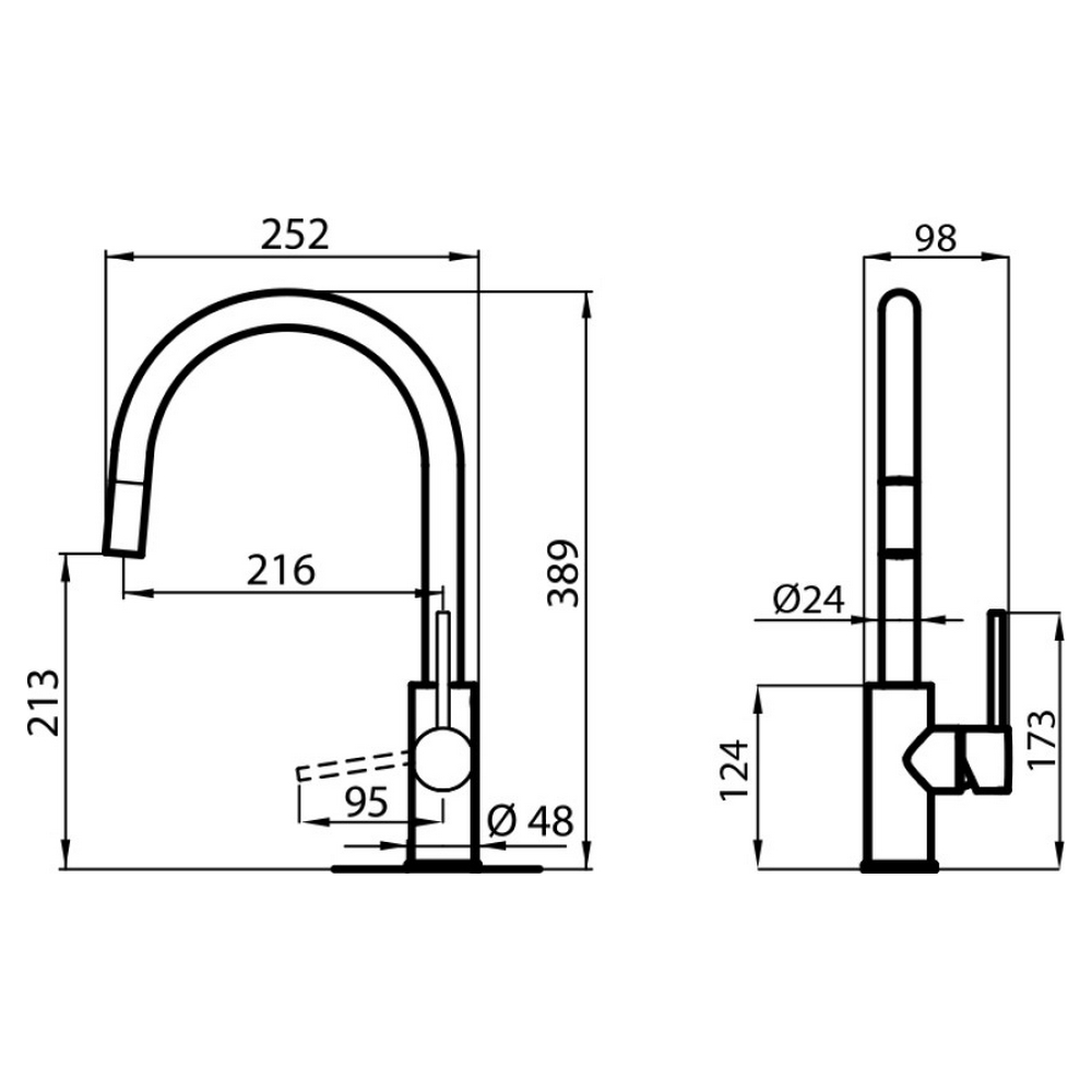 Disegno tecnico di un rubinetto da cucina, con dimensioni e misure in linee nere su bianco.