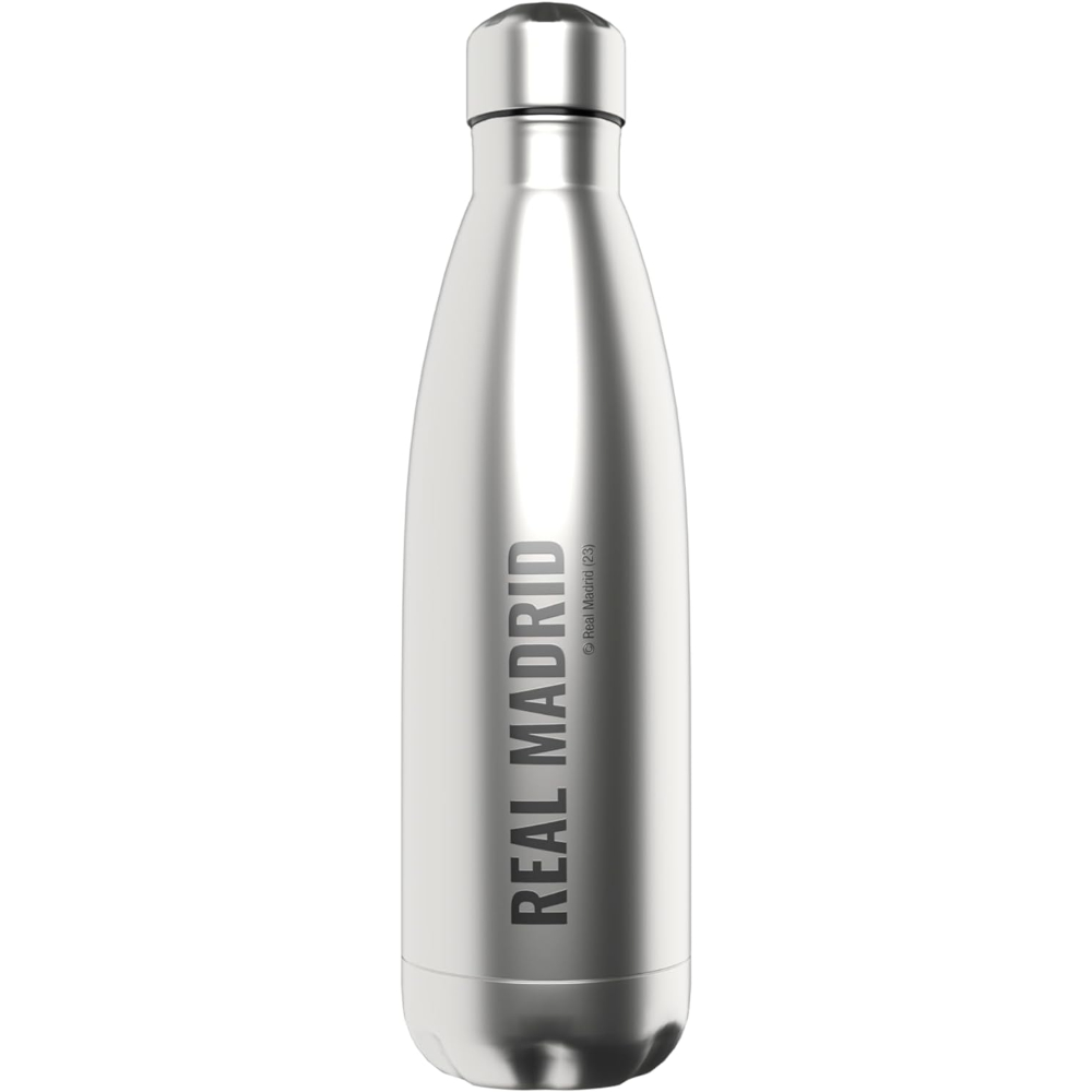 Botella de agua plateada con 'REAL MADRID' impreso.