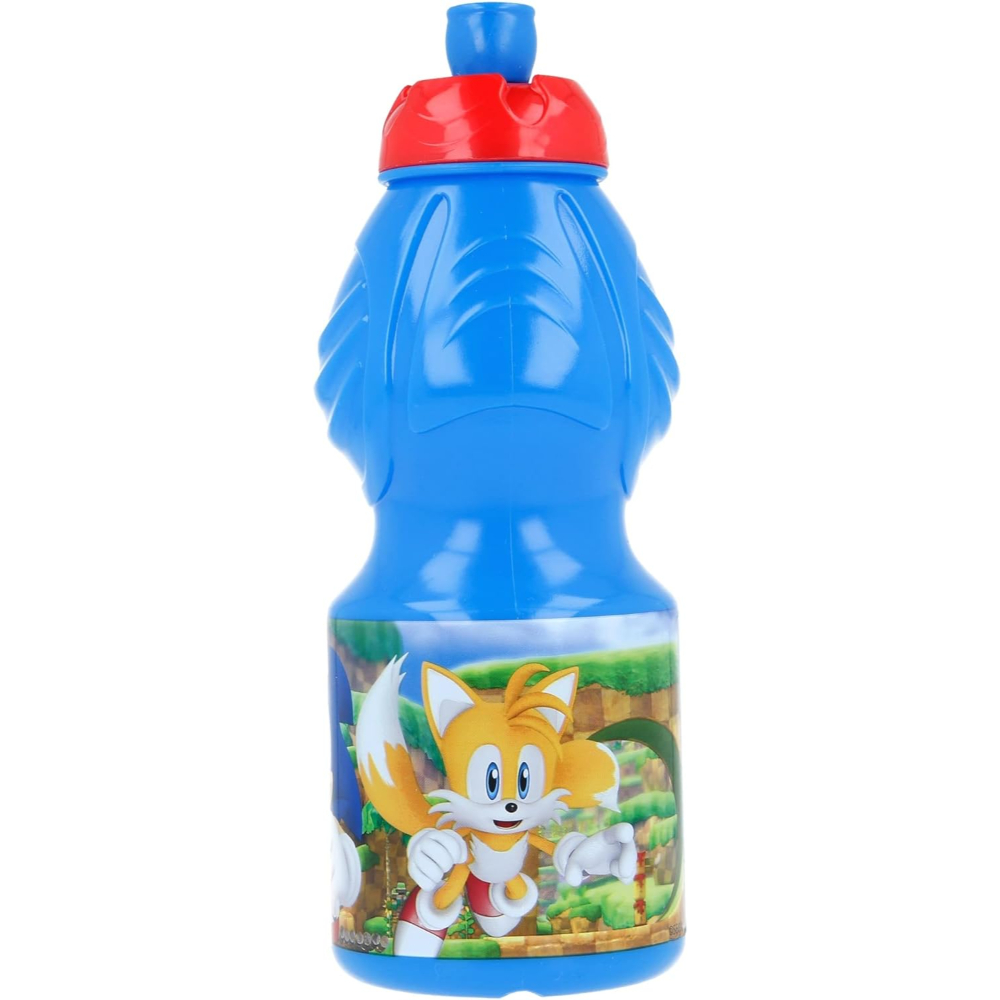 Botella de agua de Sonic the Hedgehog. Botella azul, tapa roja. Ilustración de Sonic y Tails.