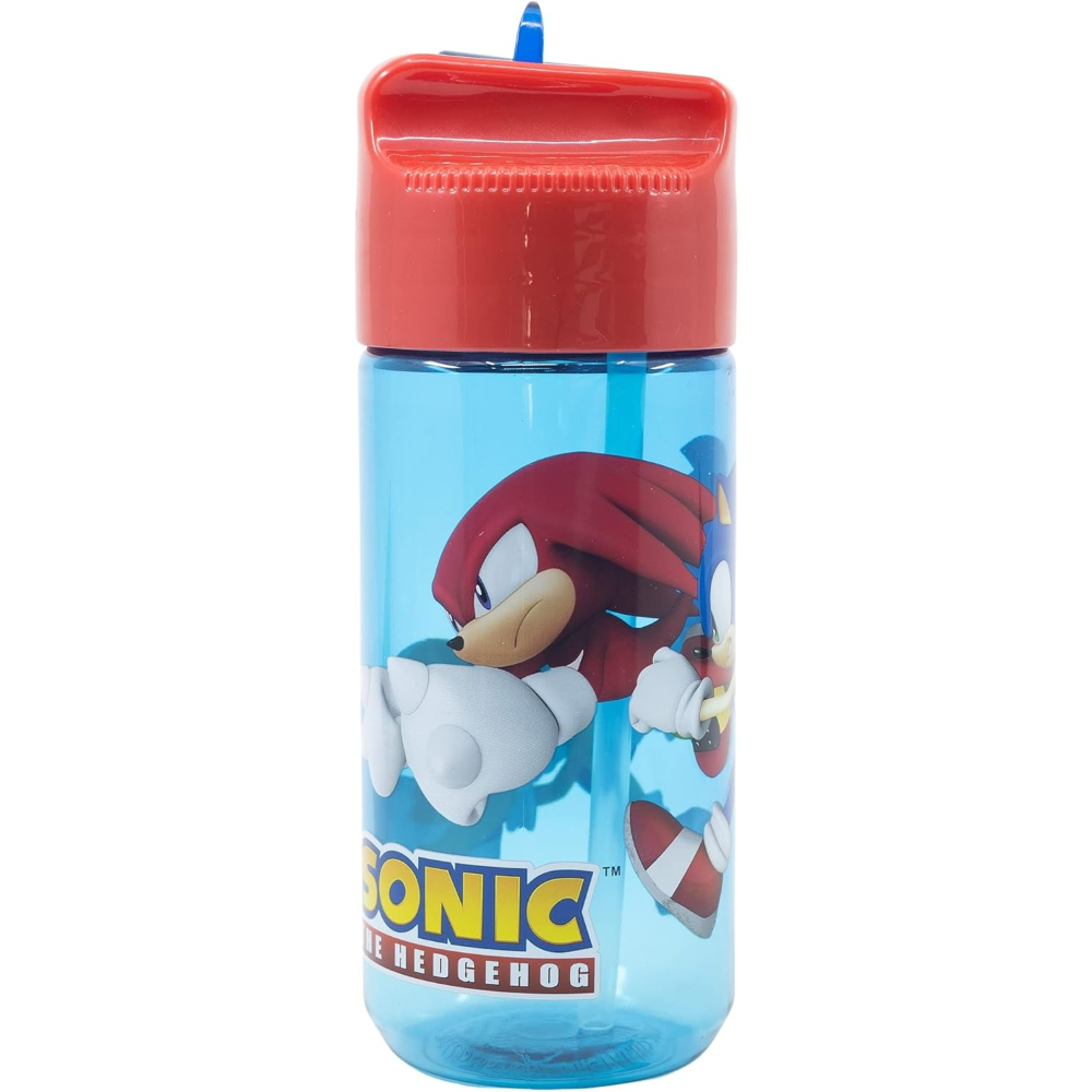 Botella de agua azul con personajes de Sonic. Tapa y pajita rojas.