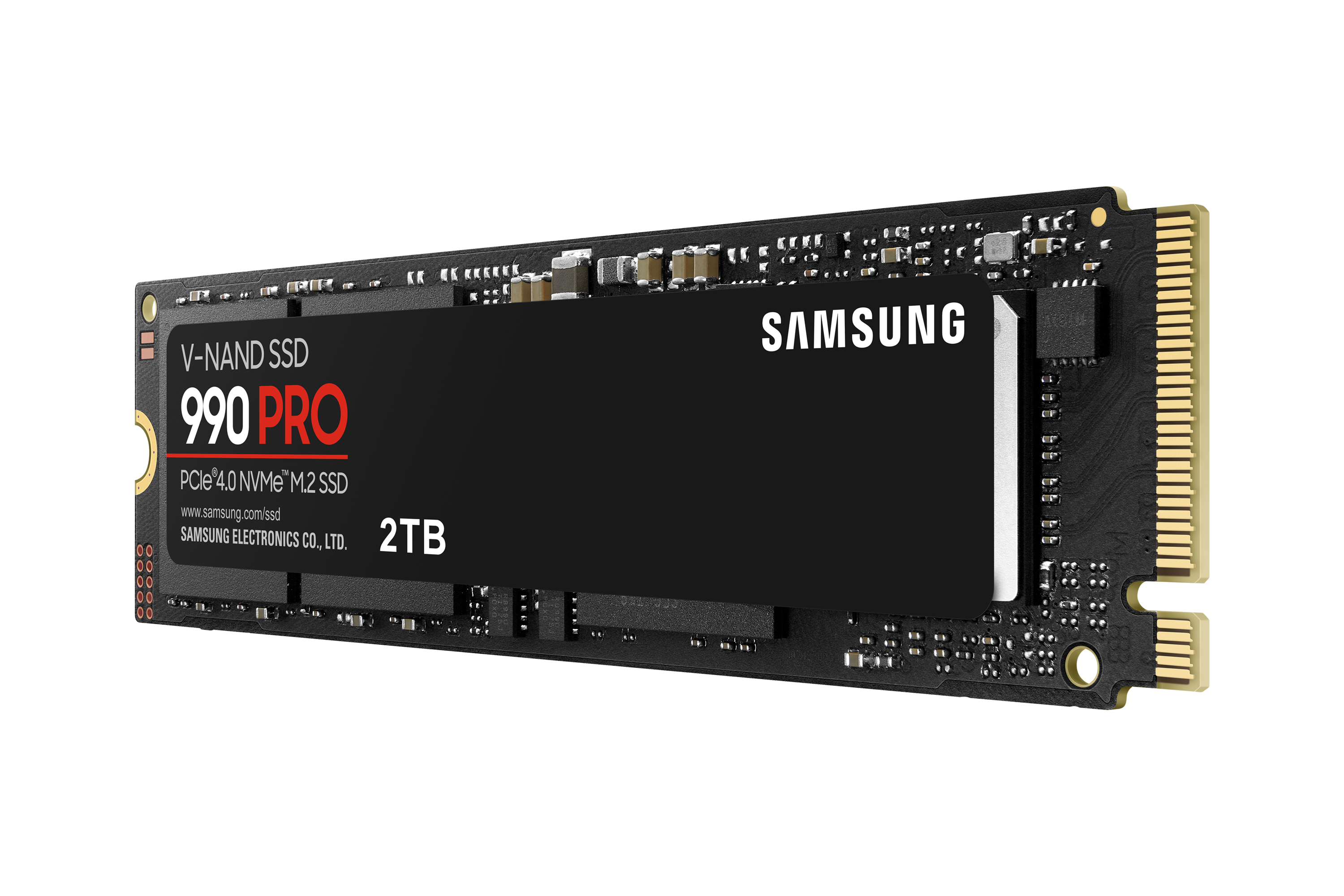 Schwarze Samsung 990 PRO SSD. Das Etikett hat weißen Text und Logo. Der Hintergrund ist weiß.