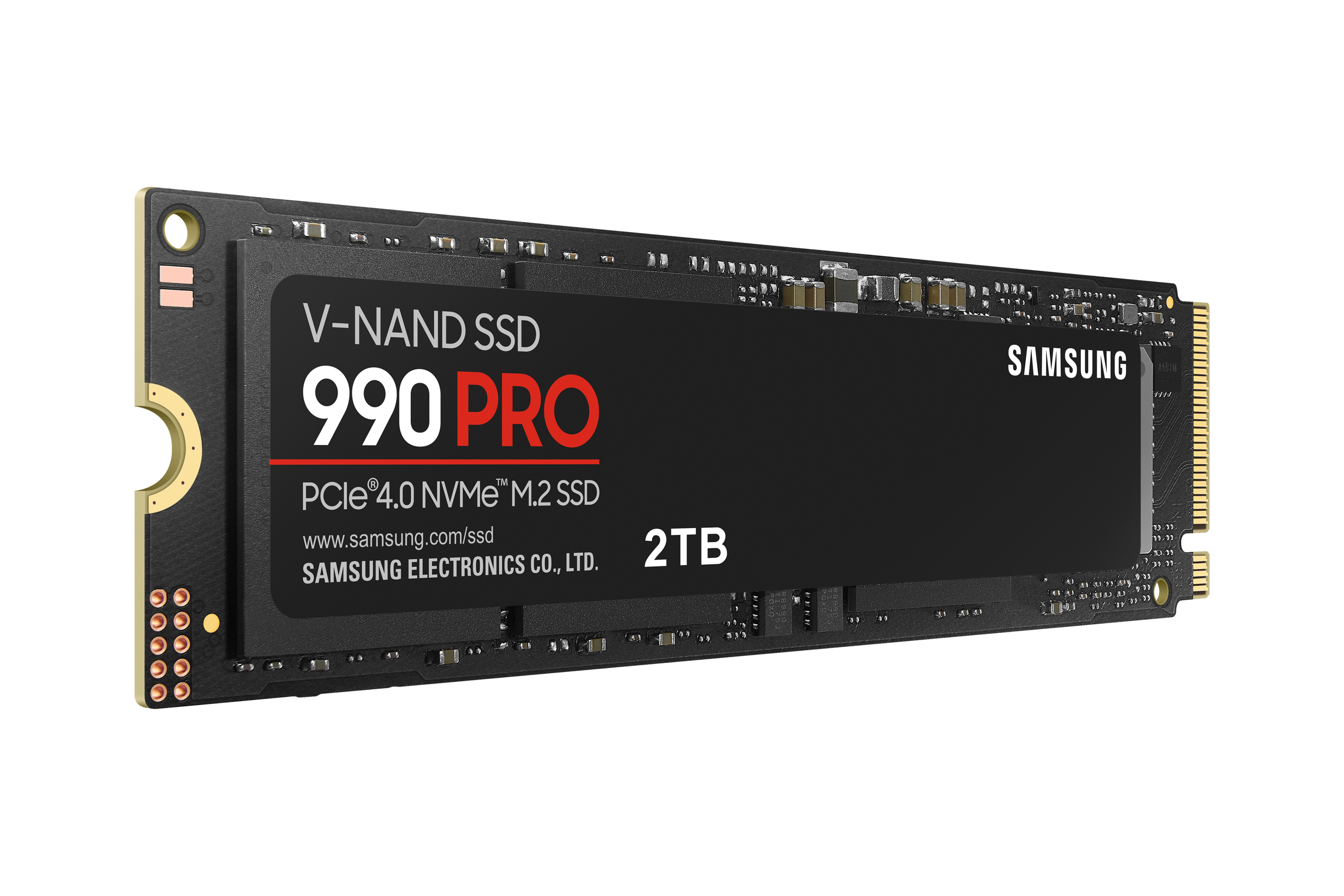 Schwarze SSD mit Etikett, weißer Hintergrund, Samsung V-NAND SSD 990 PRO.