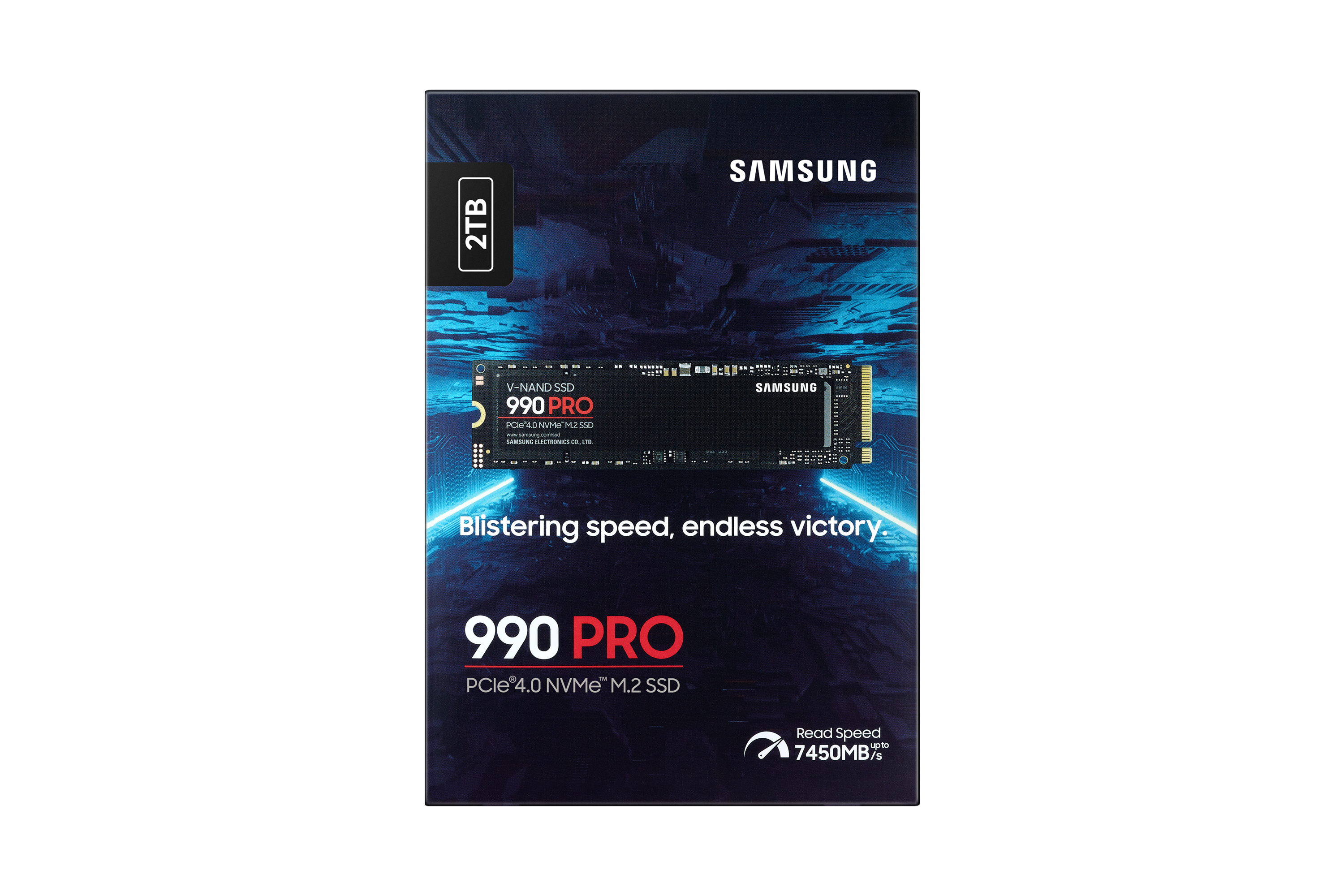 Schwarze und rote Samsung 990 PRO SSD Box. Weißer Hintergrund. Text und Logo sichtbar.