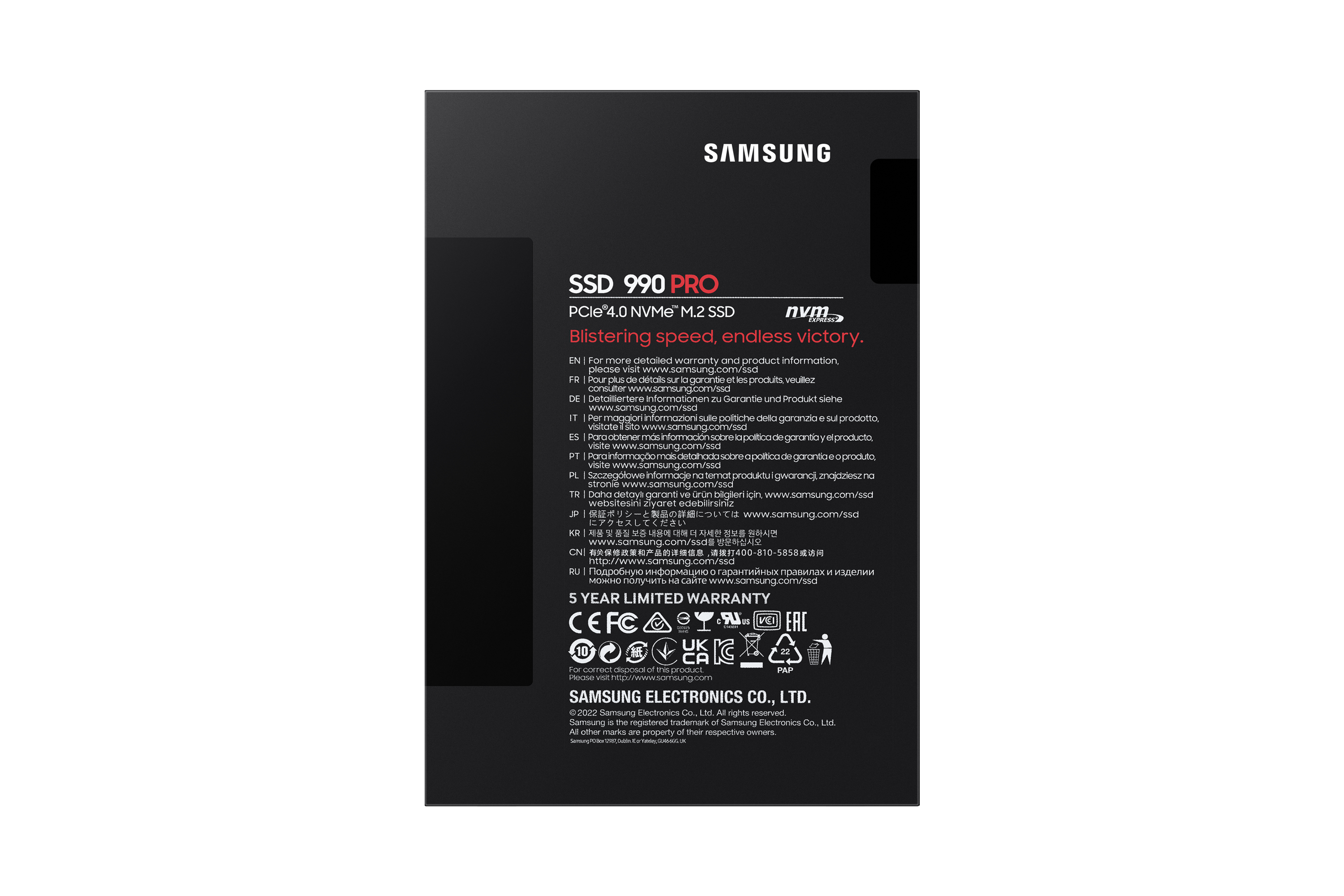 Schwarze SSD 990 PRO Box mit Samsung Logo und Text. Eine Liste von Spezifikationen und Garantie.