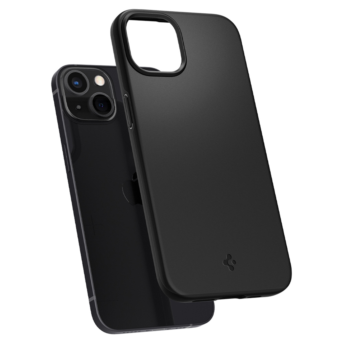 Deux coques de téléphone noires. L'une est au-dessus d'un téléphone. Le téléphone a une caméra à l'arrière.