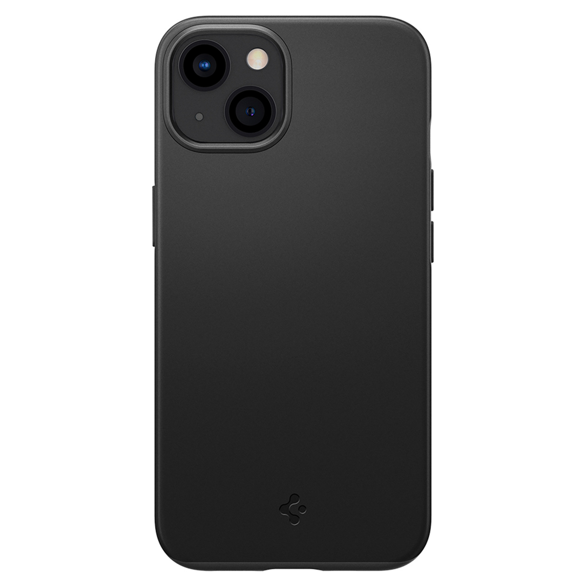 Une coque de téléphone noire avec une caméra à l'arrière. L'étui a le logo Spigen en bas.