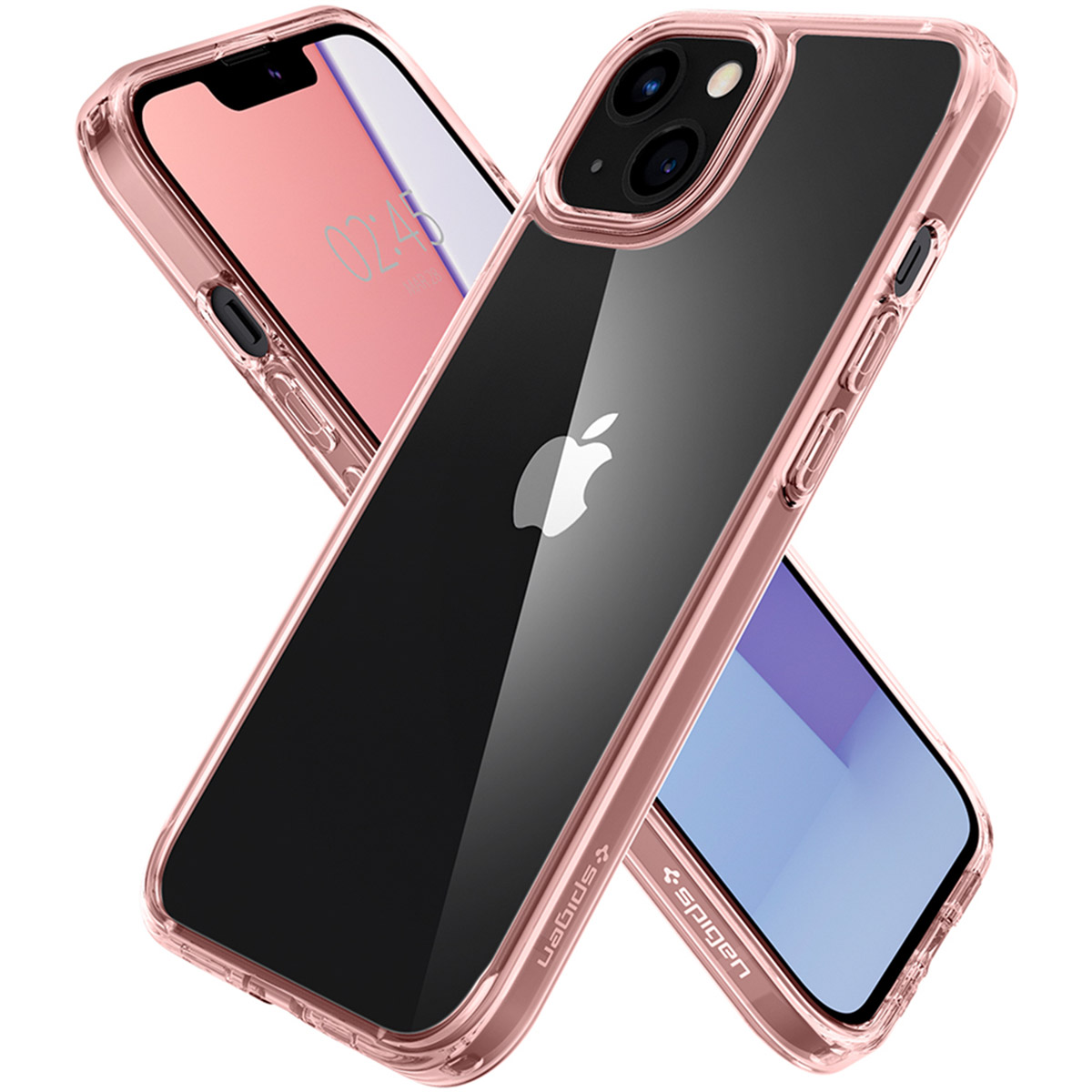 Rose gold phone case with clear back. Two phone cases are crossed, both showing the screen.