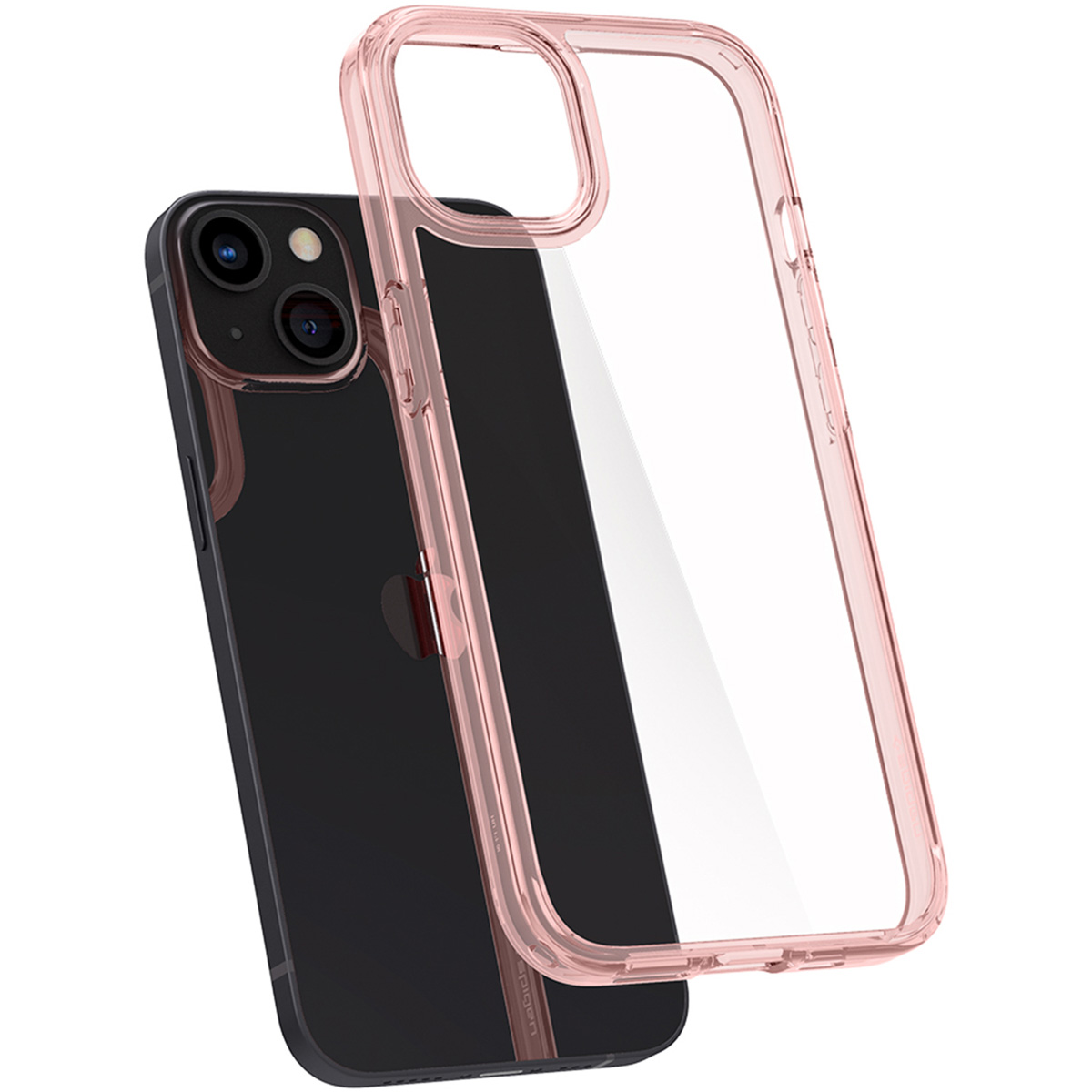 Pink phone case next to a black phone, angled view.