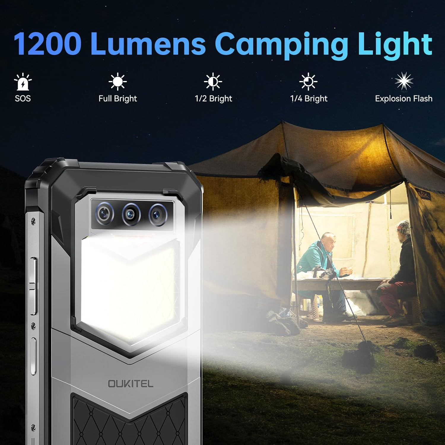 Eine schwarz-silberne Taschenlampe leuchtet auf einer nächtlichen Campingszene.