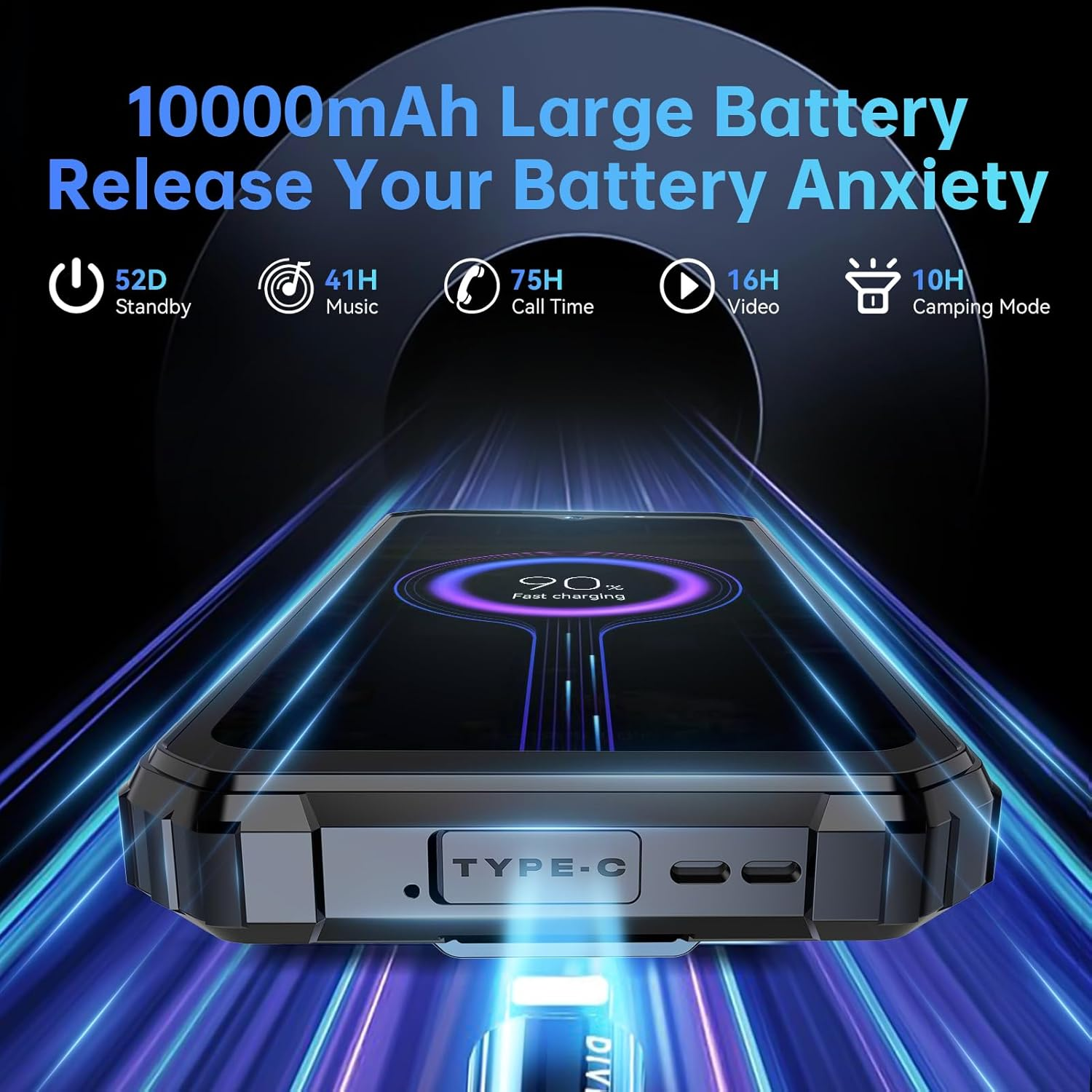 Schwarzes Smartphone mit Batterieinformationen und Symbolen, das drahtlos geladen wird, dunkler Hintergrund.