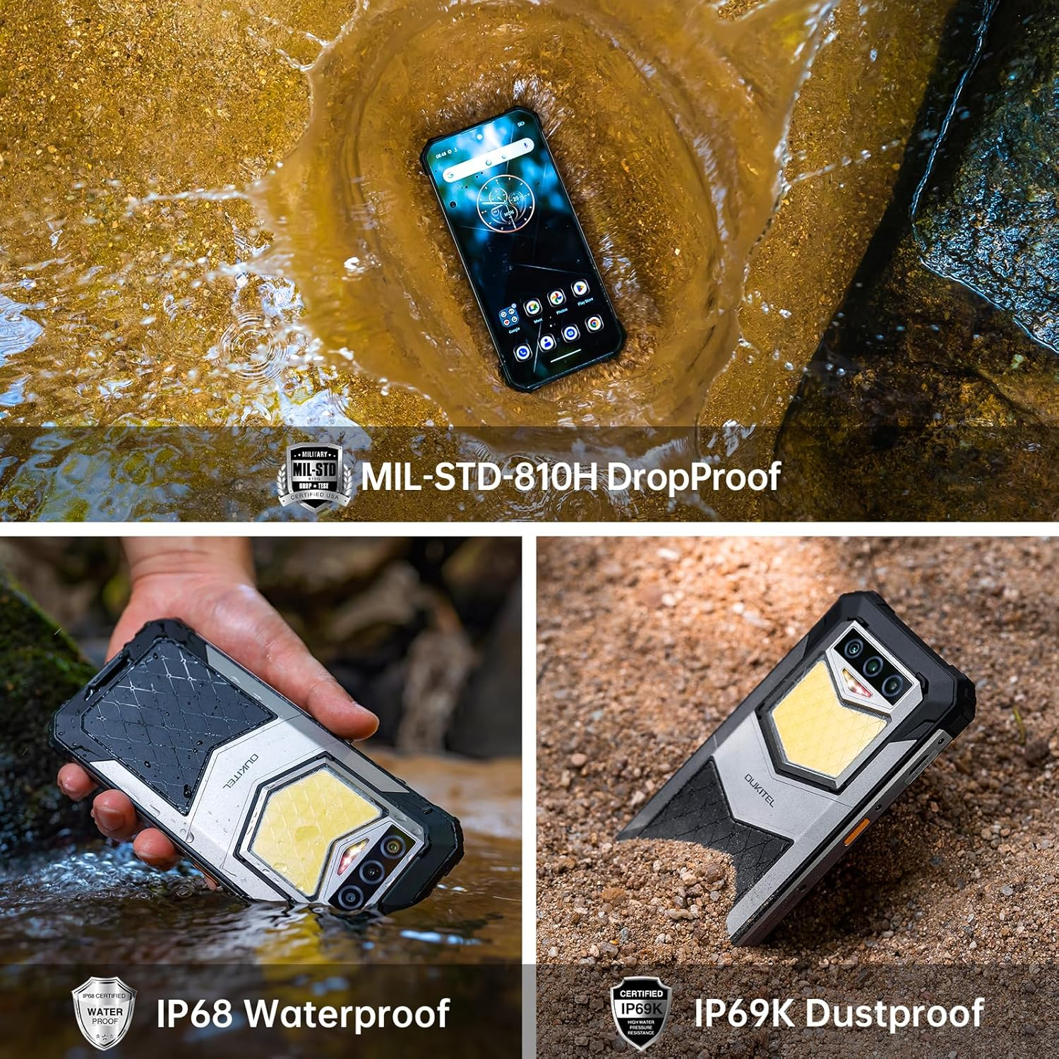 Robustes Smartphone im Wasser, dann in der Hand und auf Erde, mit IP68, IP69K und MIL-STD-810H.