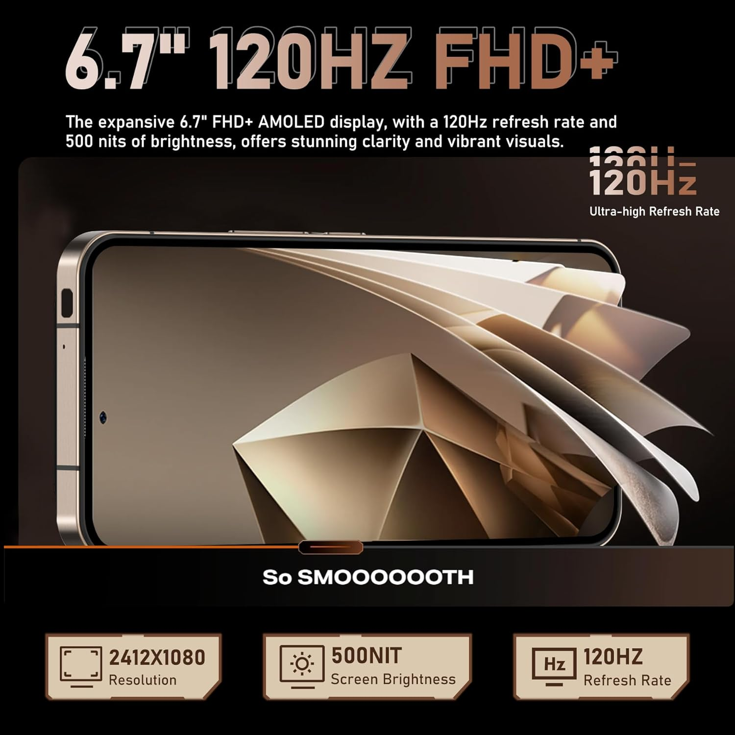 Pantalla de teléfono inteligente que muestra una pantalla de 6.7" con una frecuencia de actualización de 120Hz y un brillo de 500 nits.
