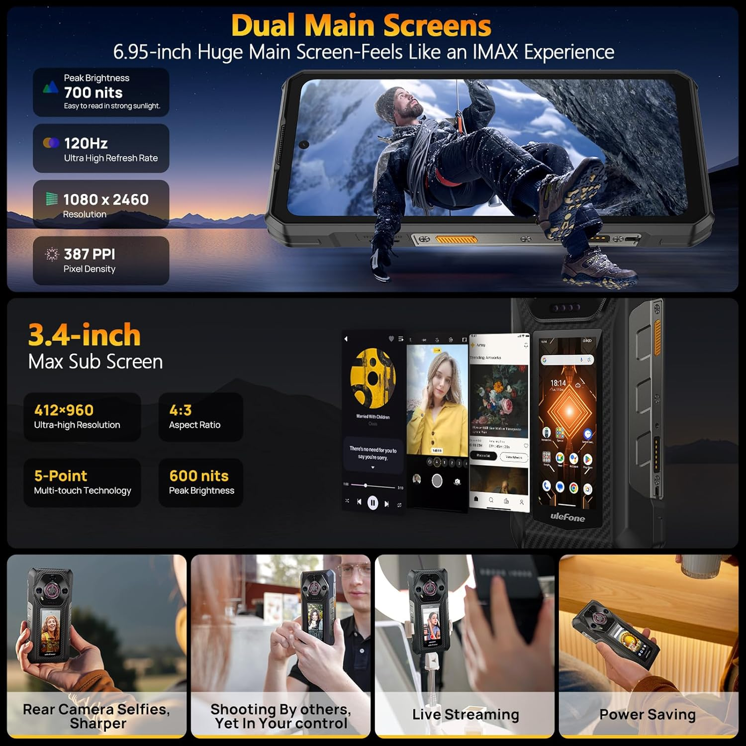 Smartphone mit Dual-Bildschirmen, Funktionen und Kamerafunktionen, einschließlich Live-Streaming.