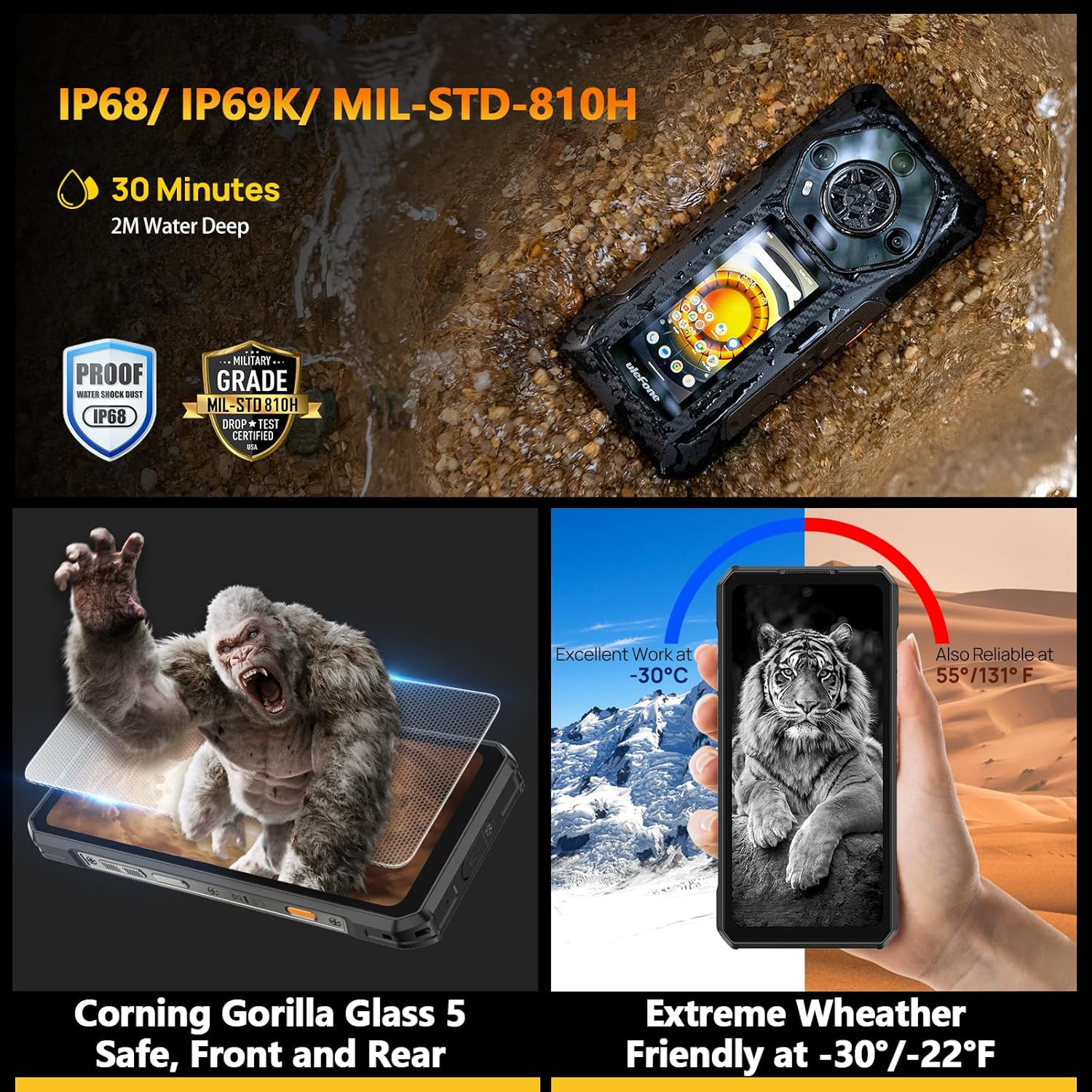 Robustes Telefon im Wasser, ein Gorilla und ein Tiger auf dem Bildschirm.