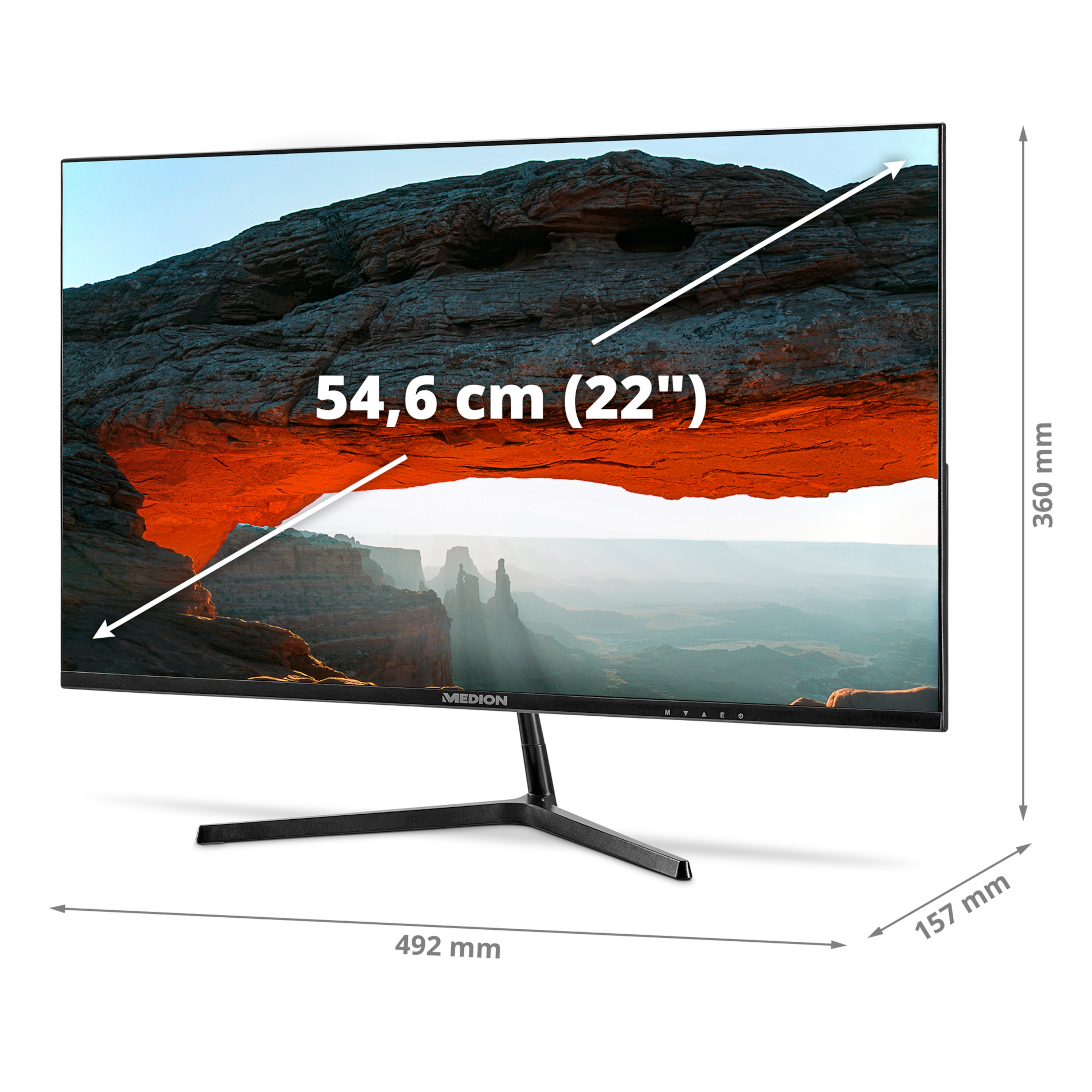 22-inch Medion monitor met afmetingen, toont een landschapsafbeelding.
