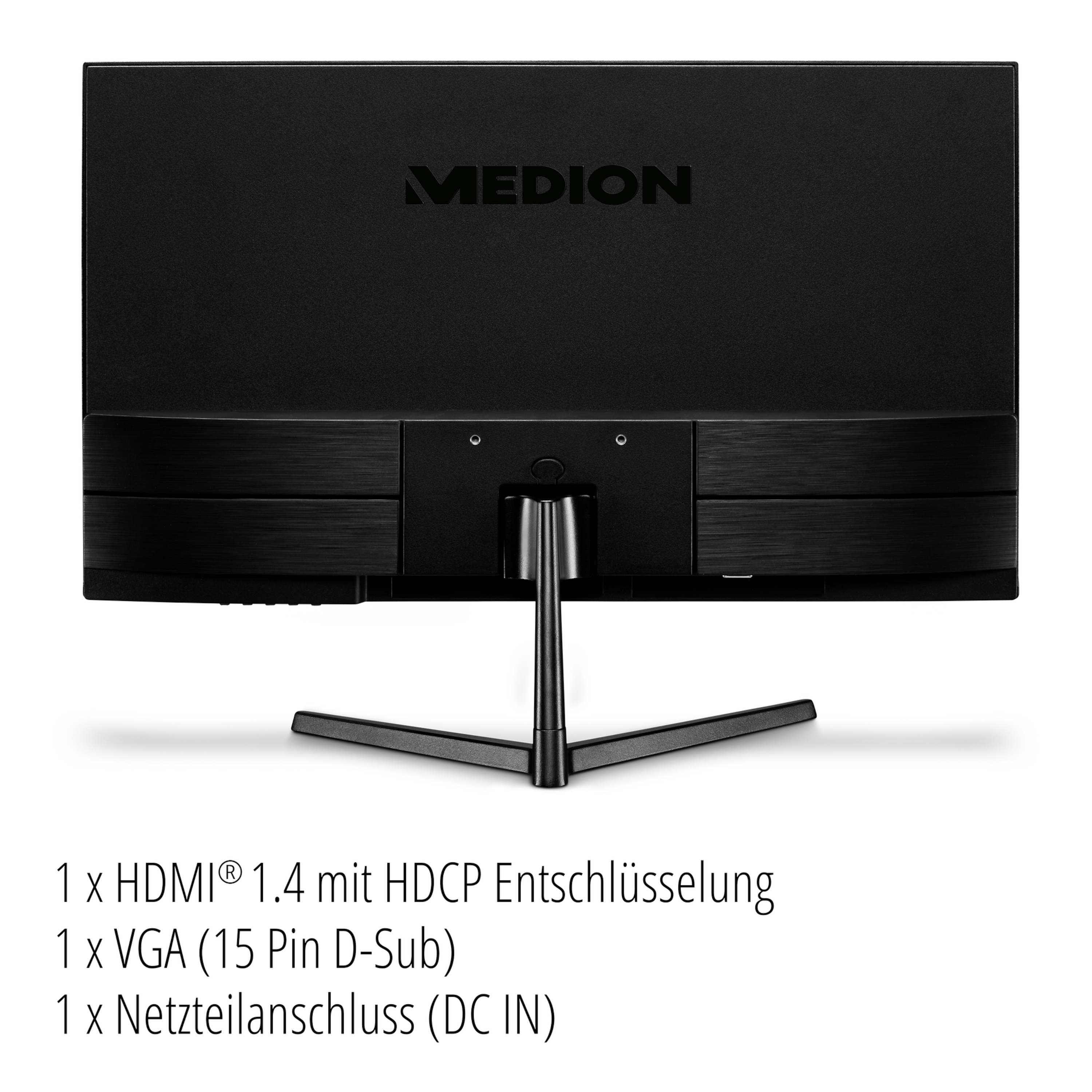 Achterkant van een zwarte computermonitor met een standaard en poorten. Witte achtergrond.