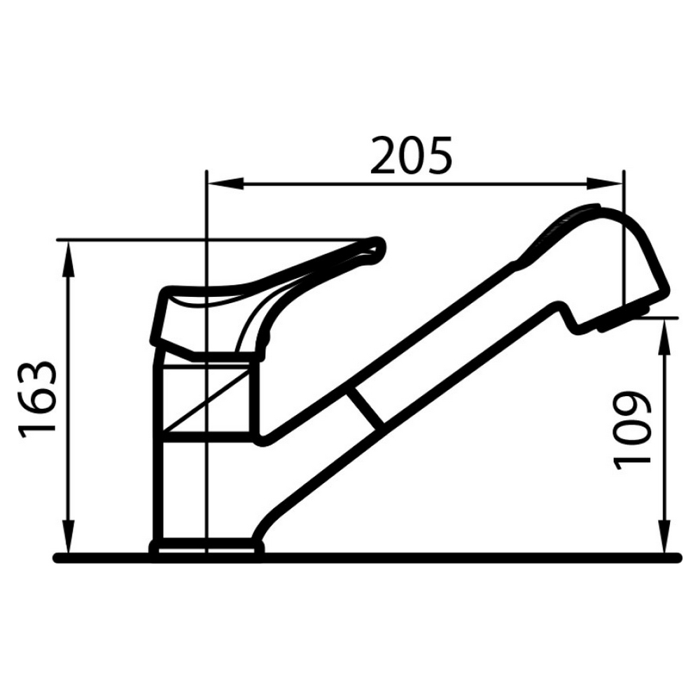 Disegno a tratto di un rubinetto da cucina con dimensioni.